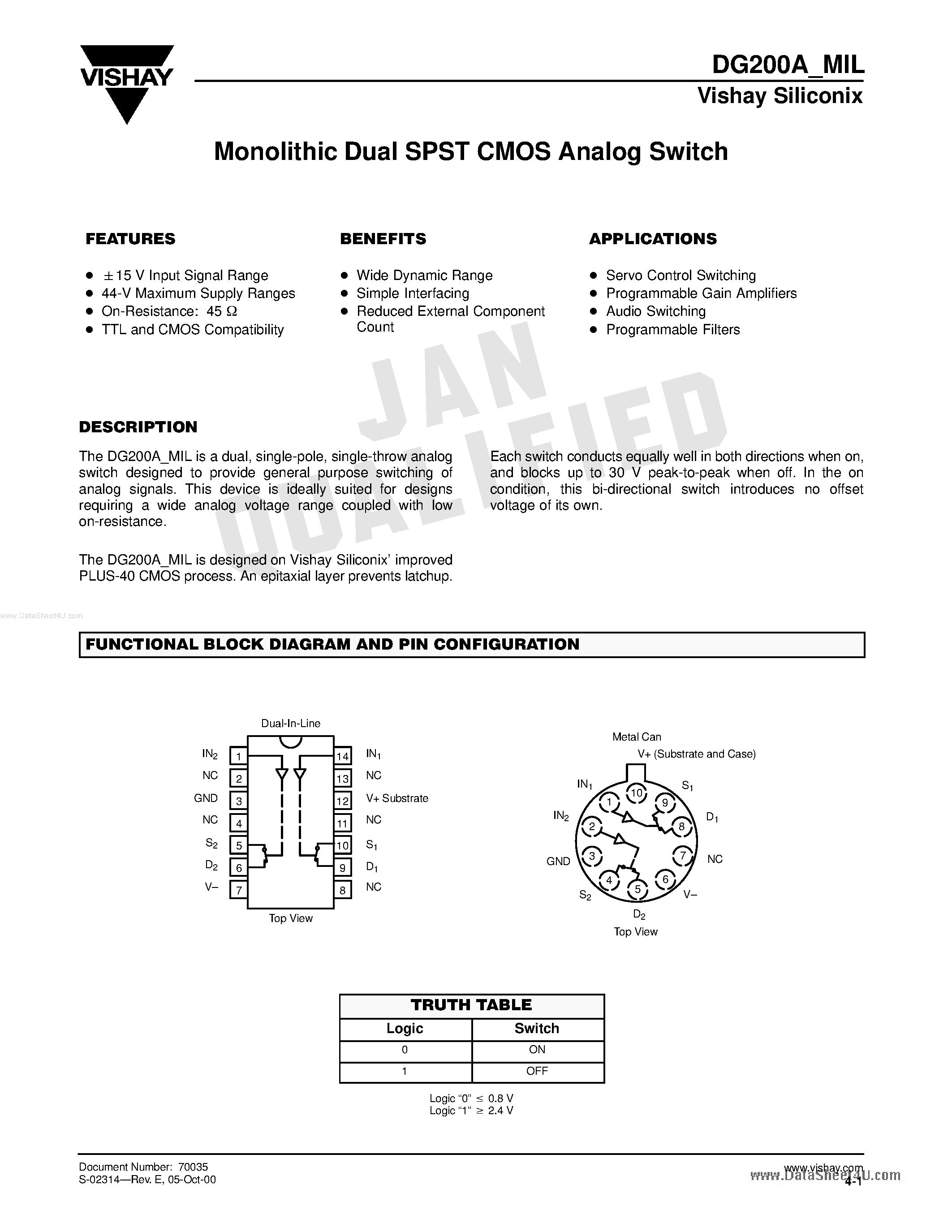 Даташит DG200A - Monolithic Dual SPST CMOS Analog Switch страница 1