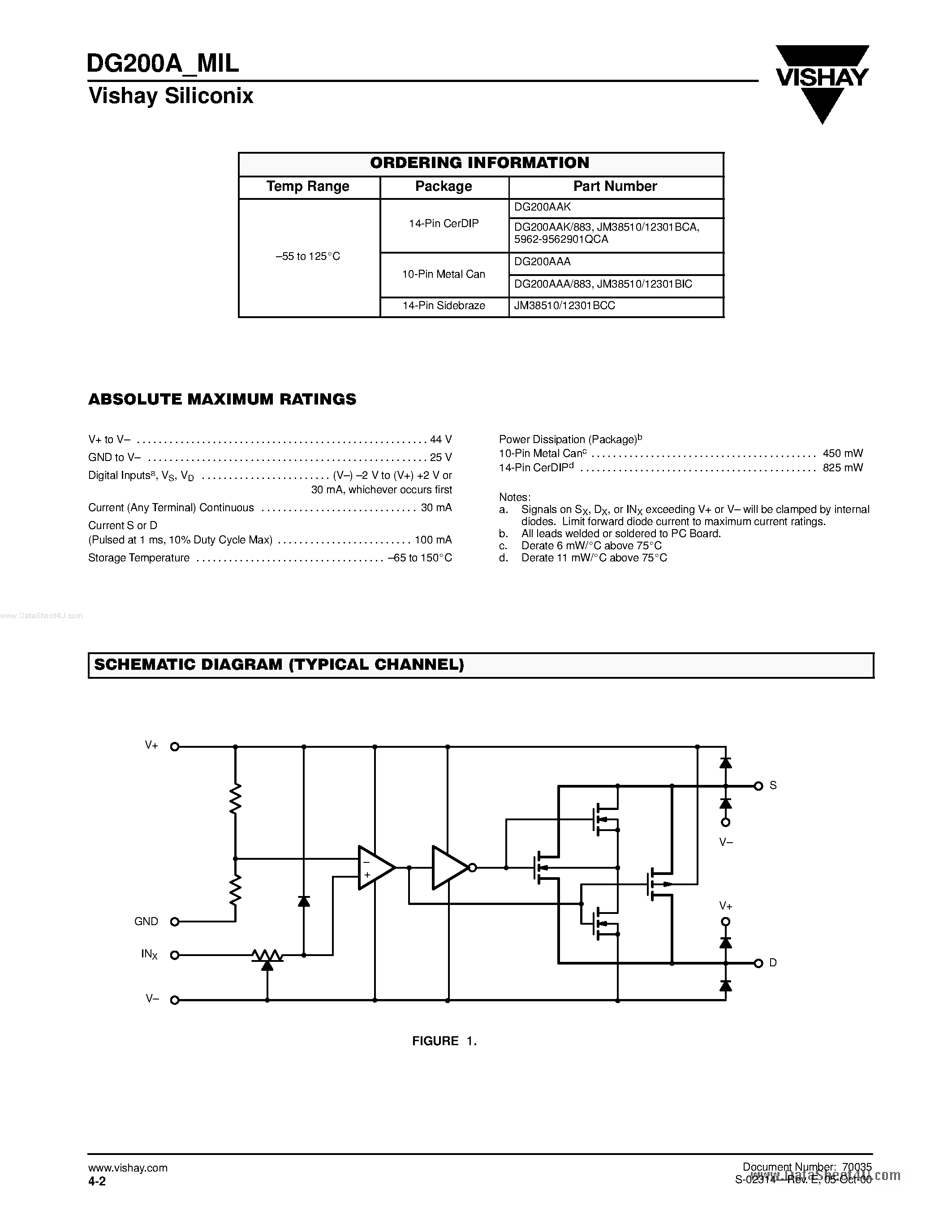 Даташит DG200A - Monolithic Dual SPST CMOS Analog Switch страница 2