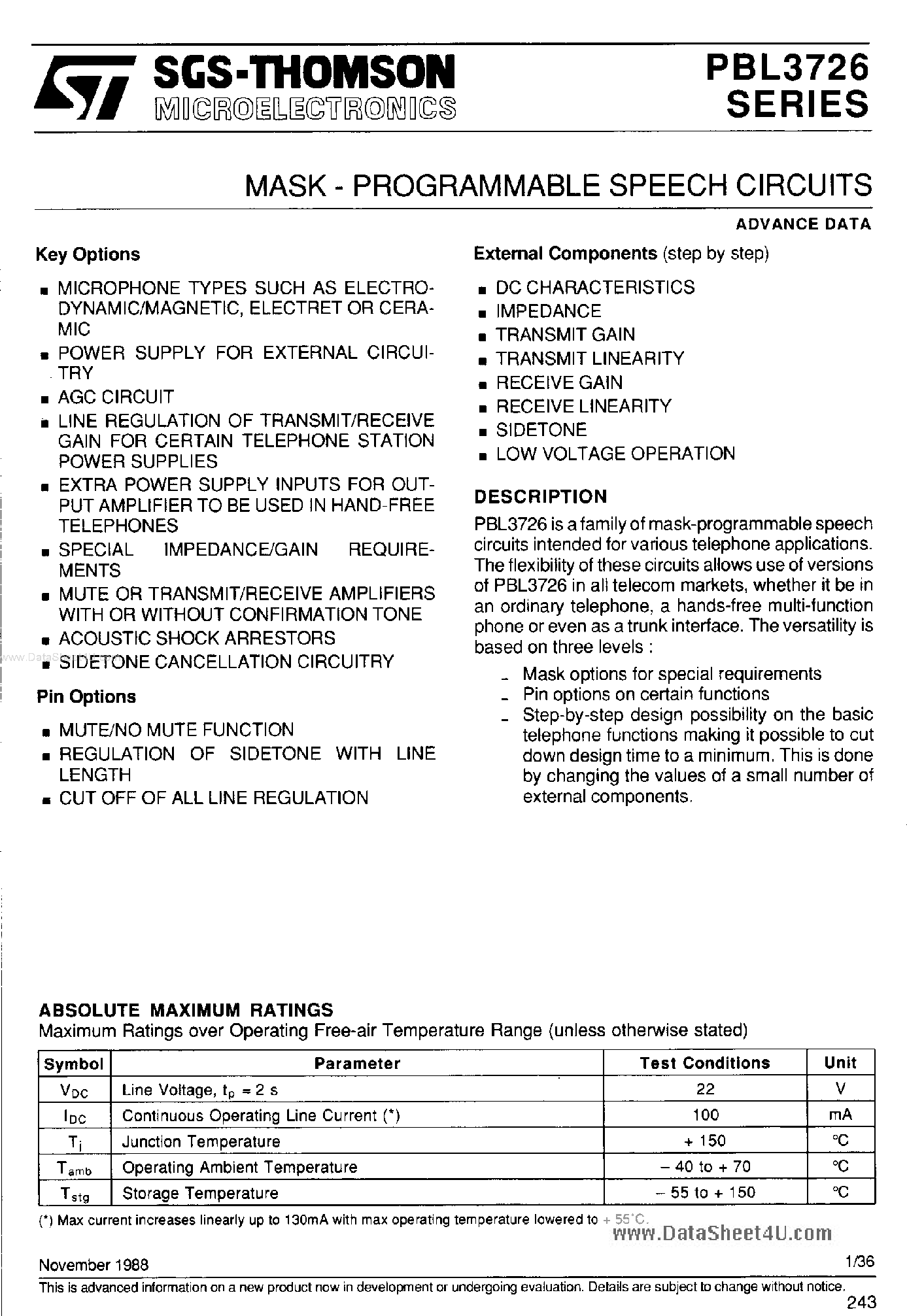 Datasheet PBL3726 - (PBL3726 Series) MASK - PROGRAMMABLE SPEECH CIRCUITS page 1