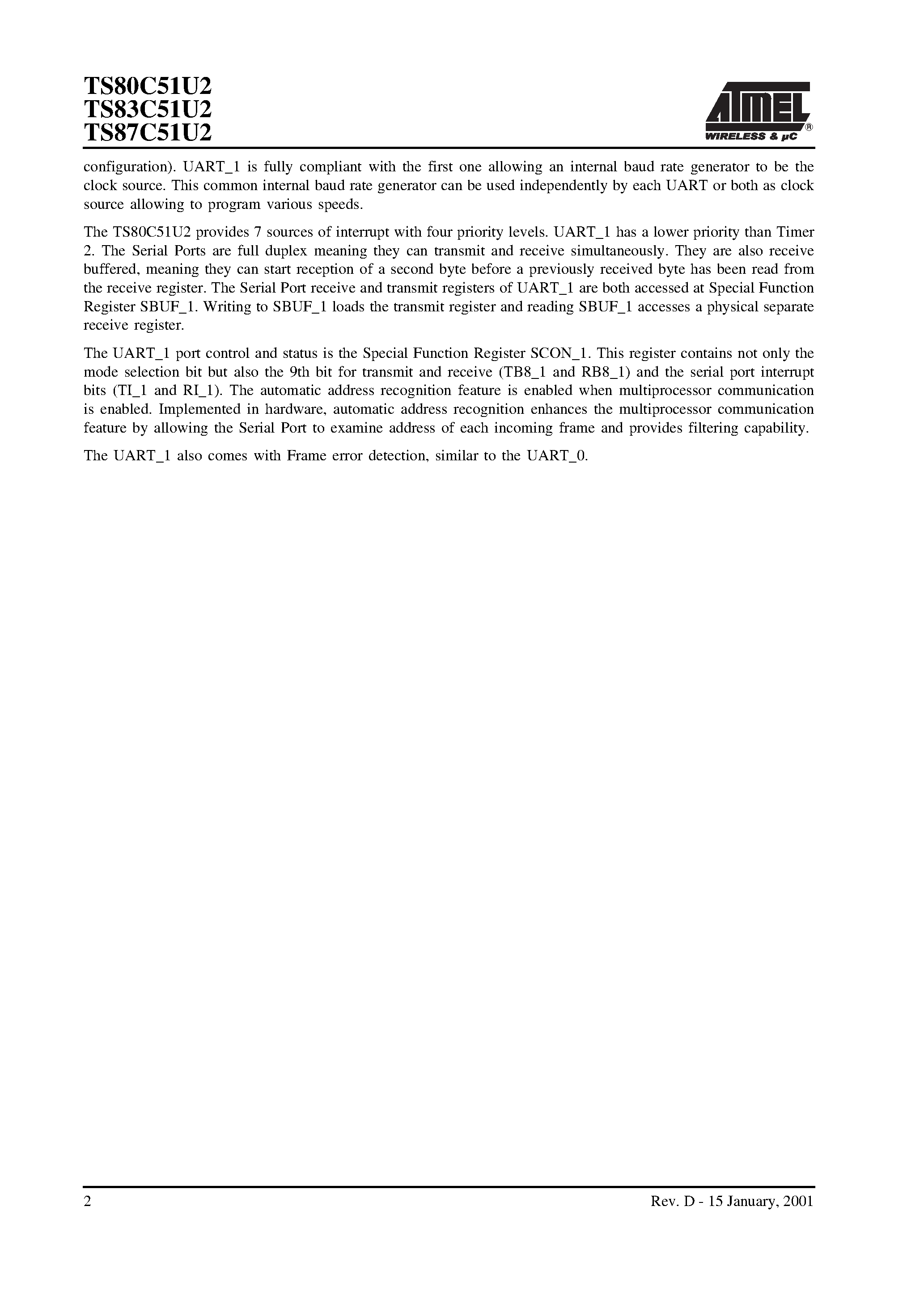 Datasheet TS80C51U2 page 2 Datasheet TS80C51U2 - (TS80C51U2 - TS87C51U2) Double UART 8-bit CMOS Microcontroller page 2