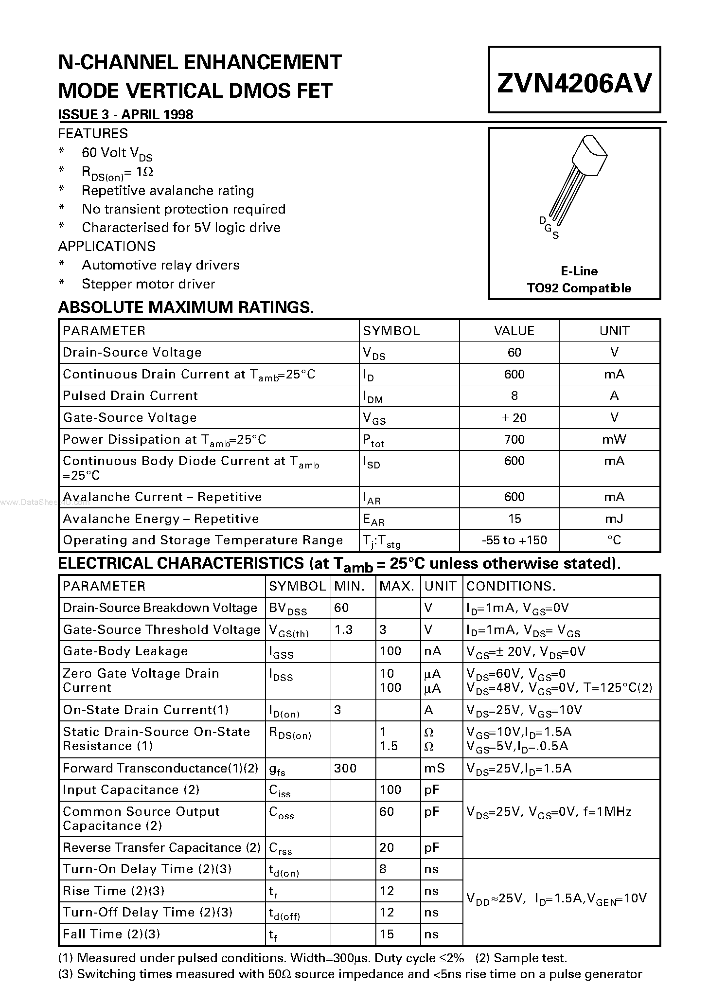 Datasheet ZVN4206AV - N-CHANNEL ENHANCEMENT MODE VERTICAL DMOS FET page 1