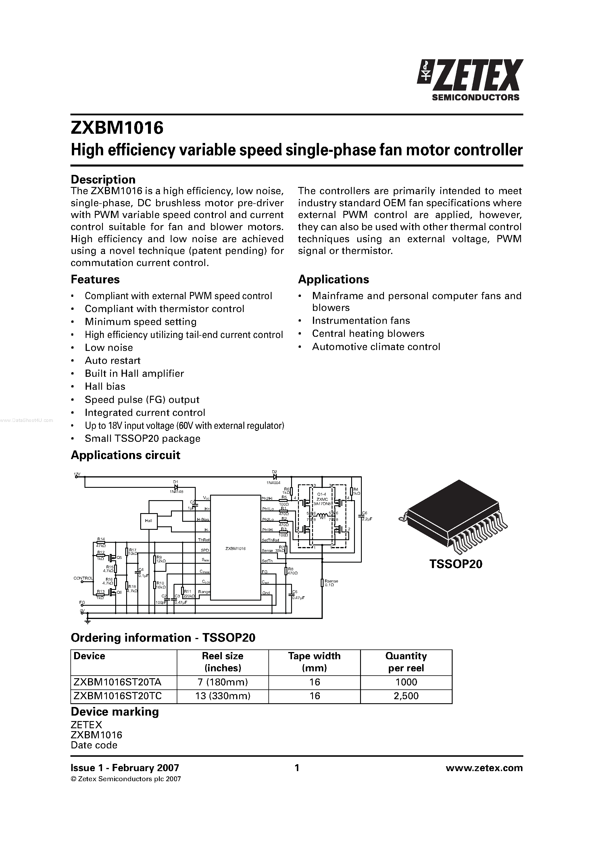 Datasheet ZXBM1016 - High efficiency variable speed single-phase fan motor controller page 1