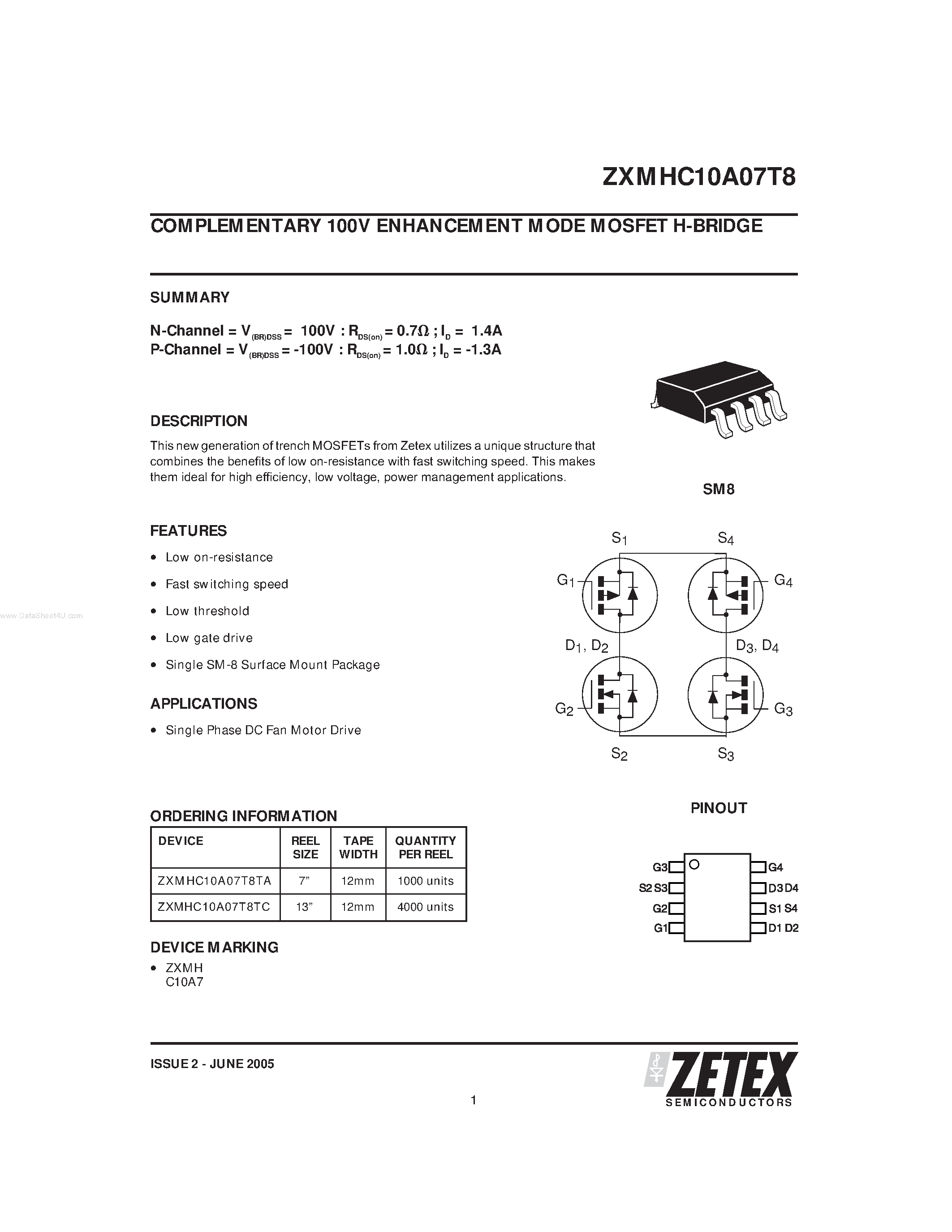 Даташит ZXMHC10A07T8 - COMPLEMENTARY 100V ENHANCEMENT MODE MOSFET H-BRIDGE страница 1