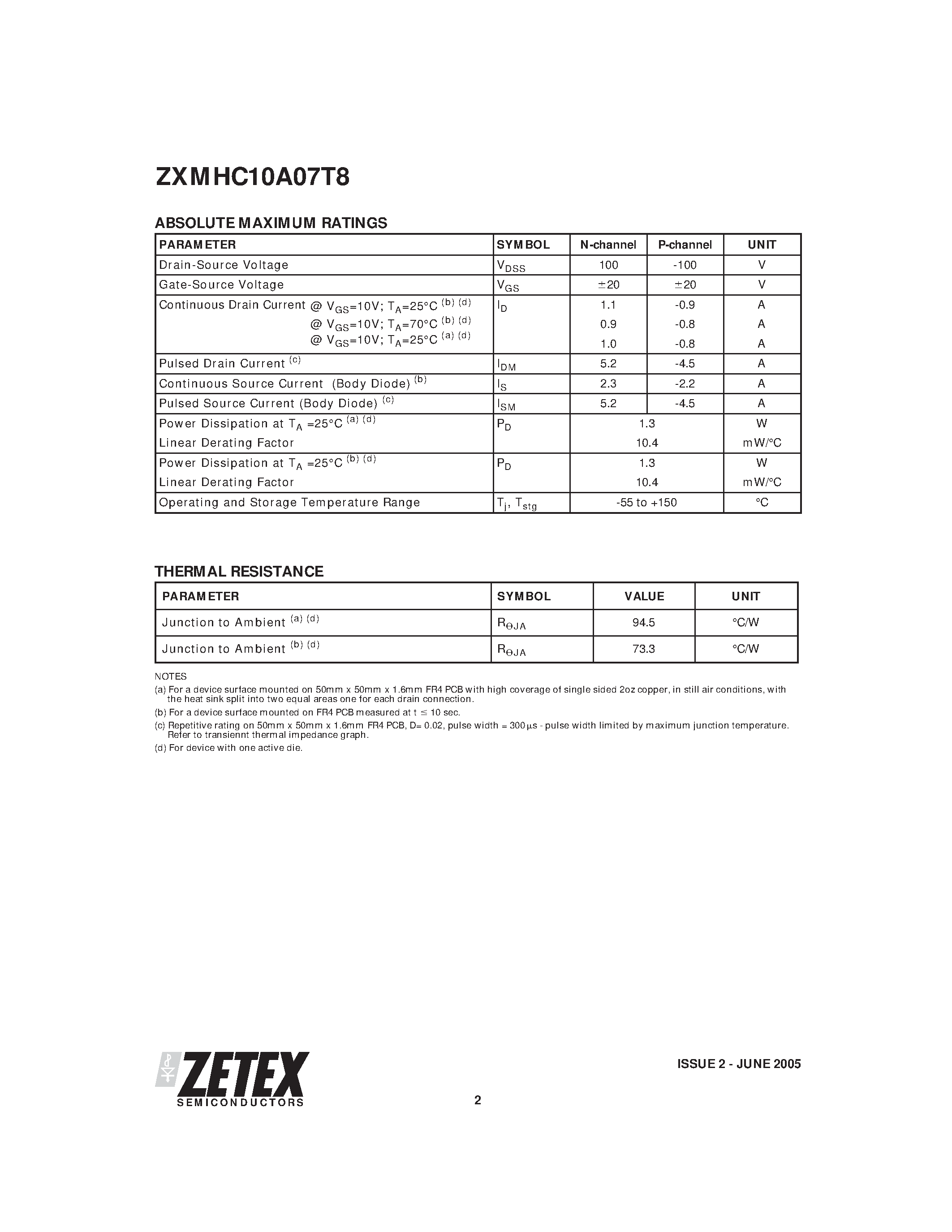 Даташит ZXMHC10A07T8 - COMPLEMENTARY 100V ENHANCEMENT MODE MOSFET H-BRIDGE страница 2