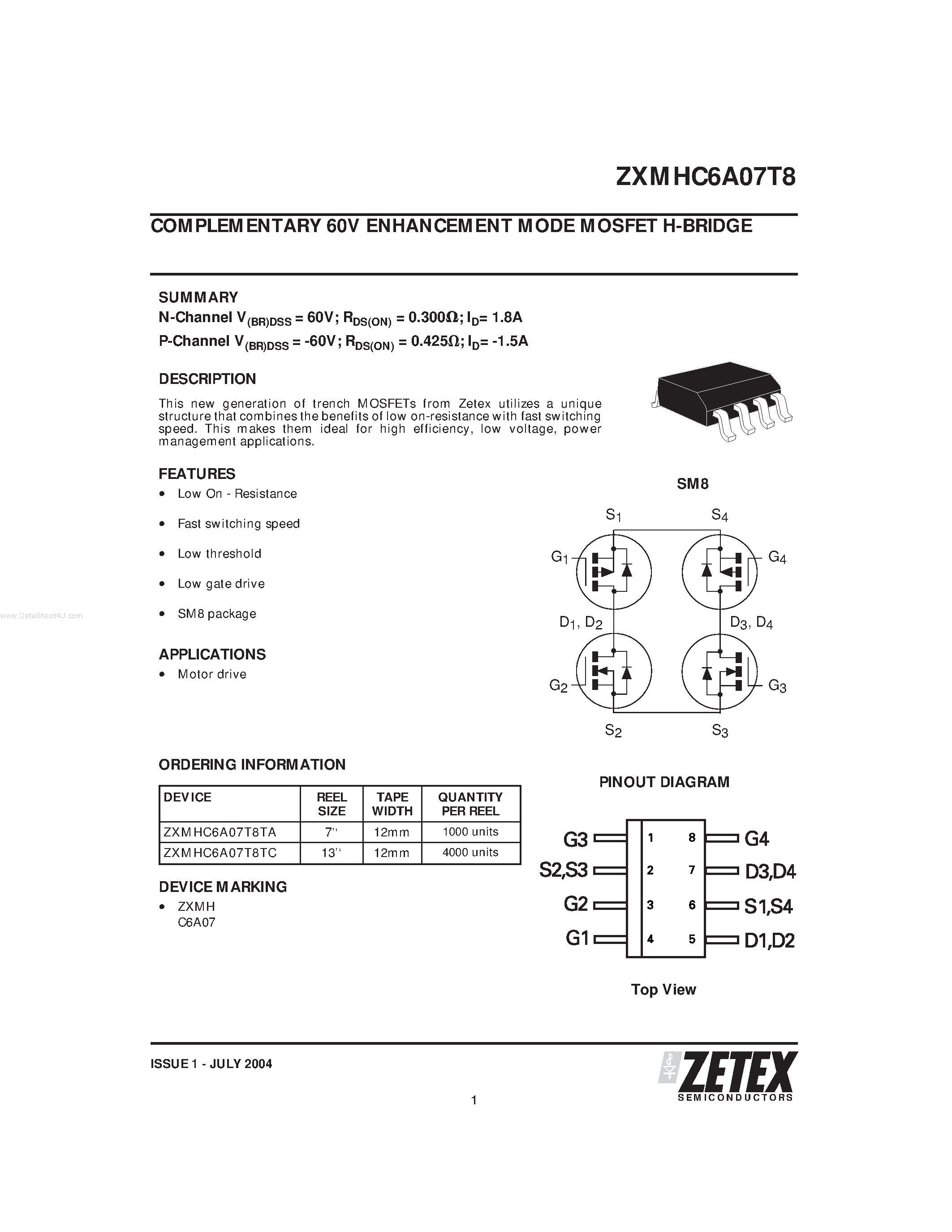 Даташит ZXMHC6A07T8 - COMPLEMENTARY 60V ENHANCEMENT MODE MOSFET H-BRIDGE страница 1