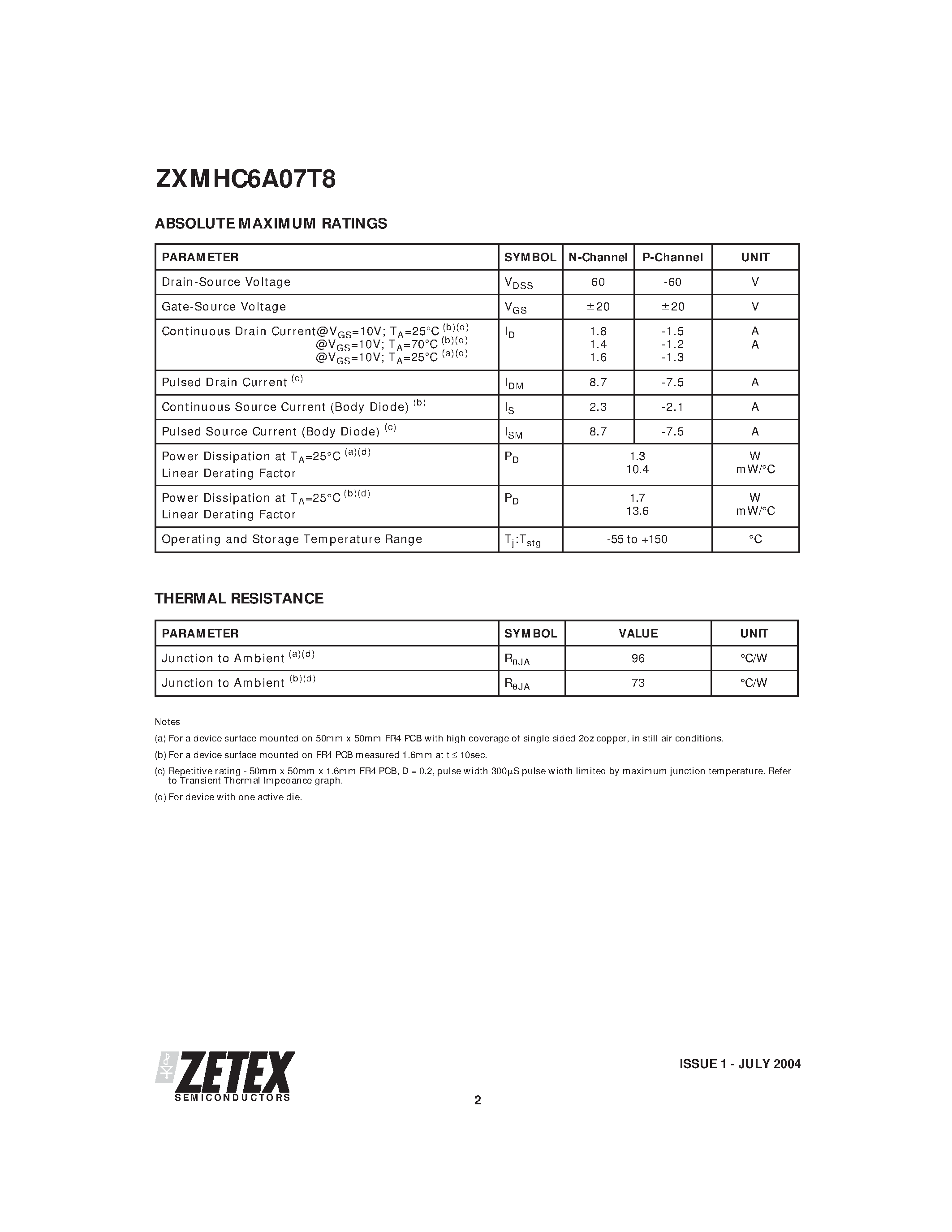 Даташит ZXMHC6A07T8 - COMPLEMENTARY 60V ENHANCEMENT MODE MOSFET H-BRIDGE страница 2