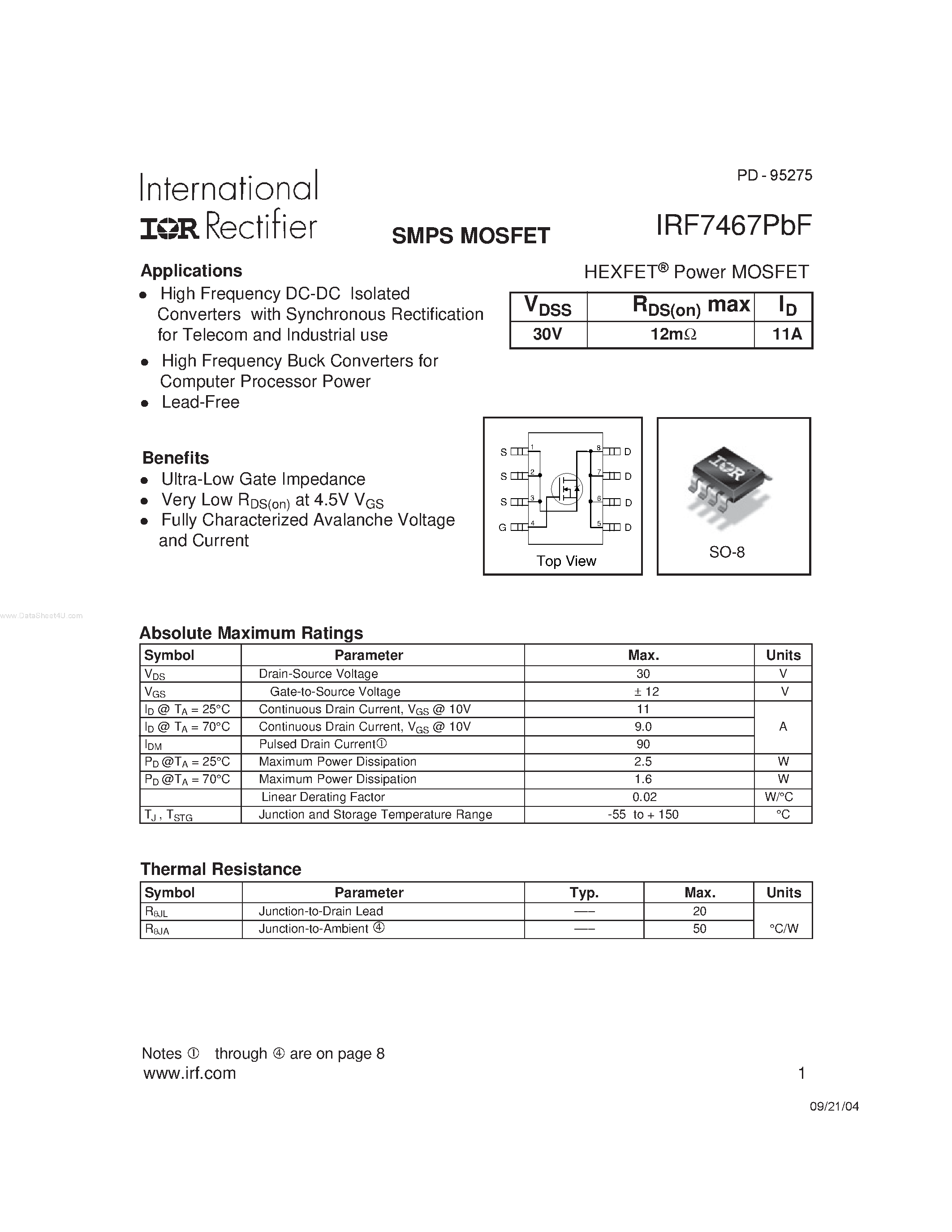Datasheet IRF7467PBF - SMPS MOSFET page 1