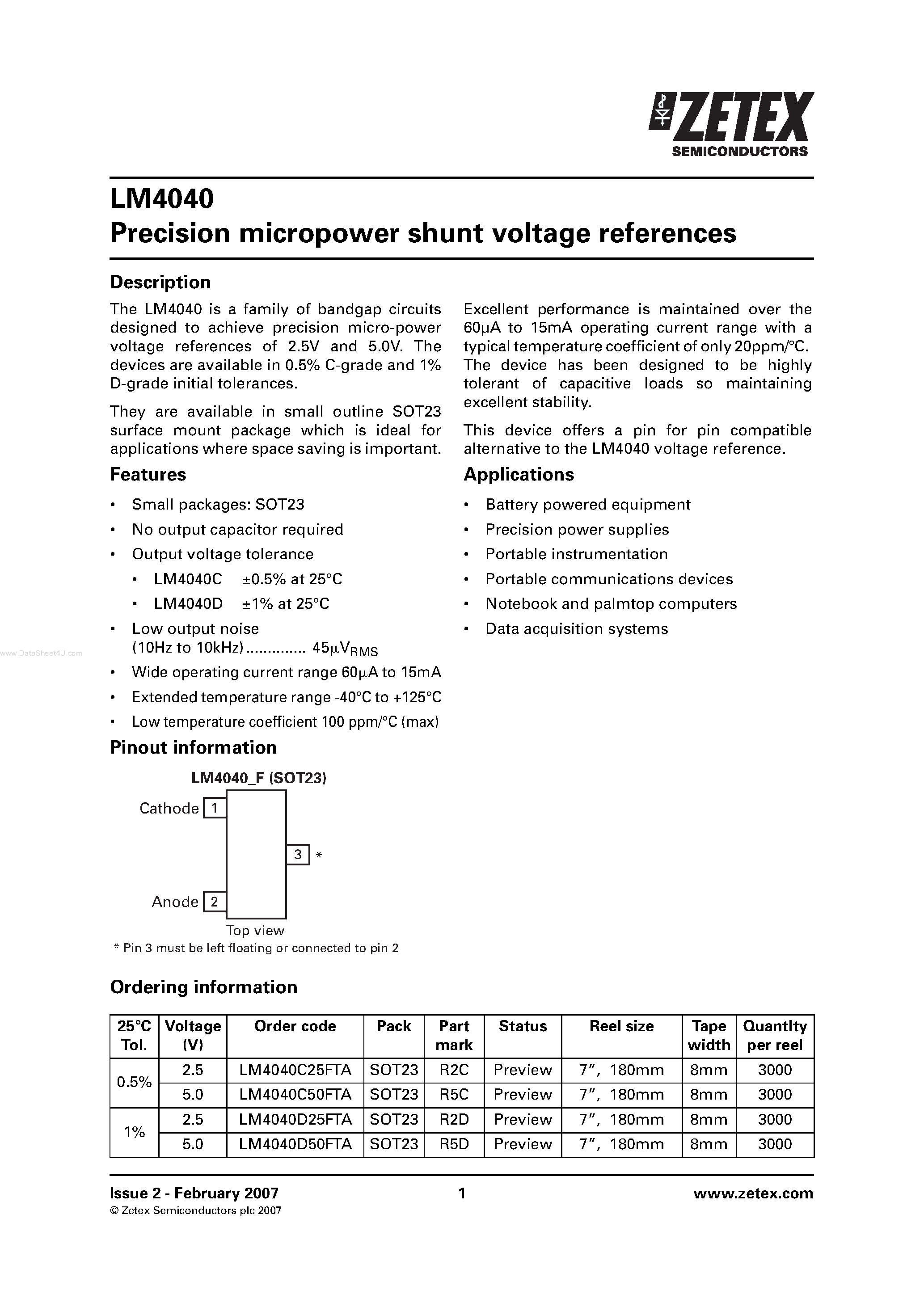Даташит на микросхему LM4040 страница 1 Даташит LM4040 - Precision micropower shunt voltage references страница 1