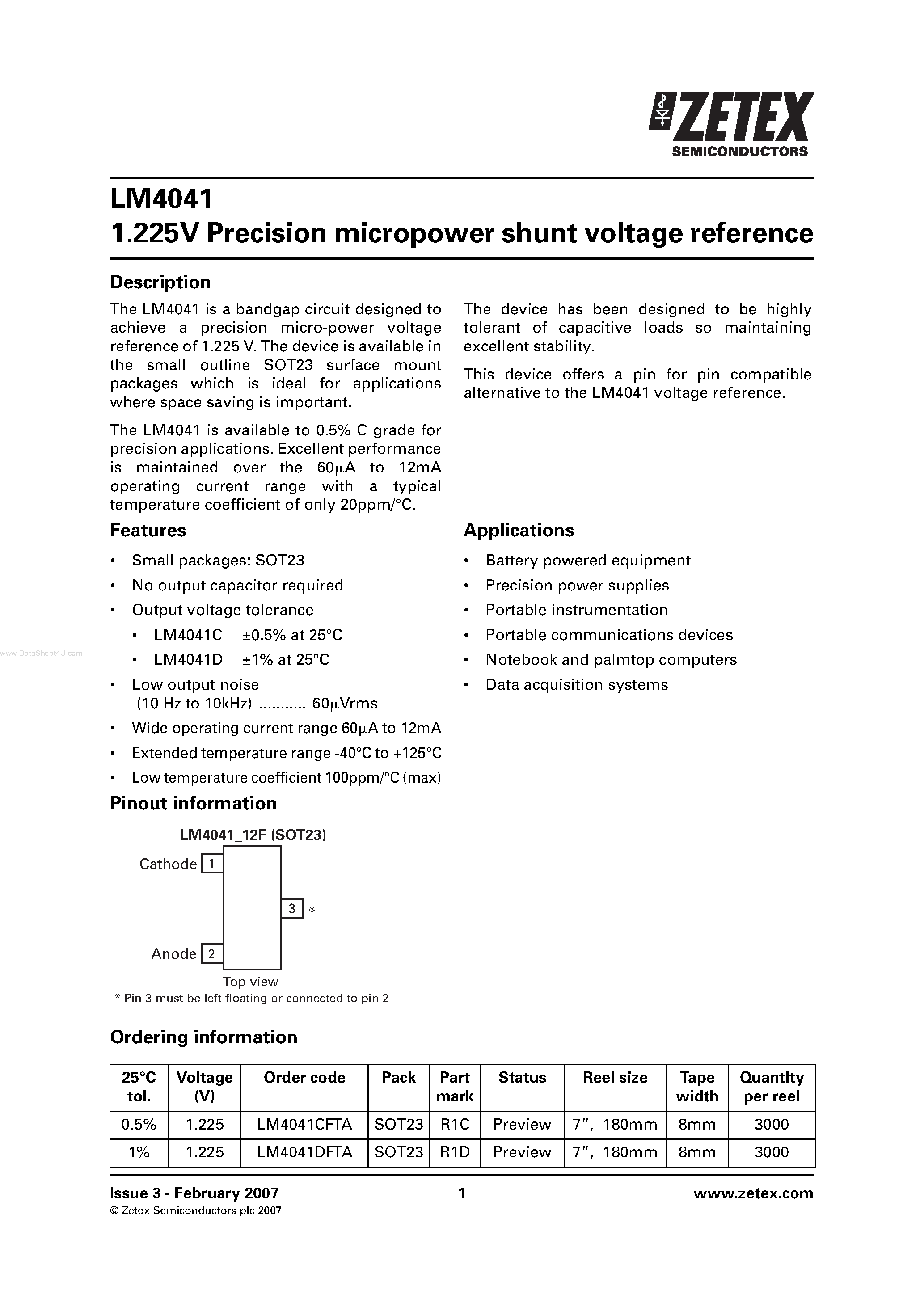 Datasheet LM4041 page 1 Datasheet LM4041 - Precision micropower shunt voltage reference page 1