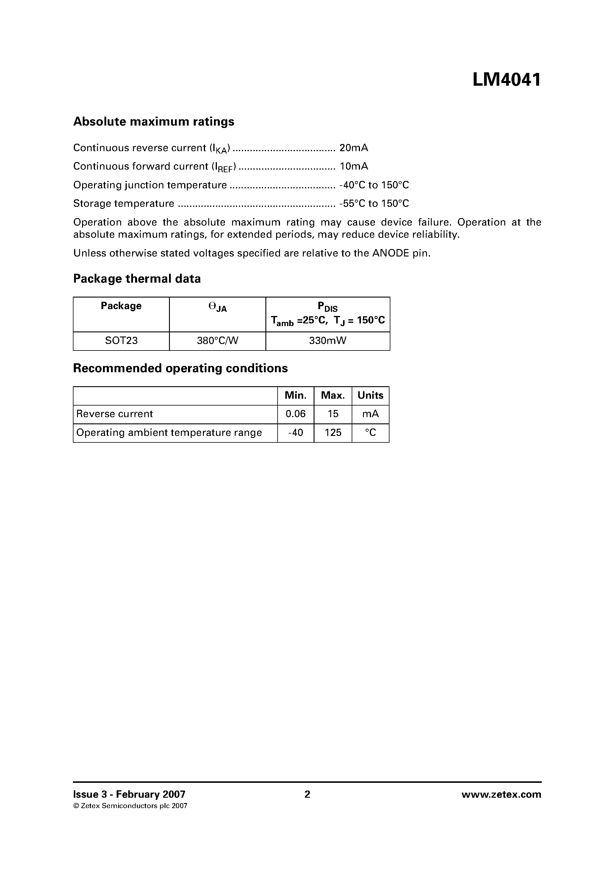 Datasheet LM4041 page 2 Datasheet LM4041 - Precision micropower shunt voltage reference page 2