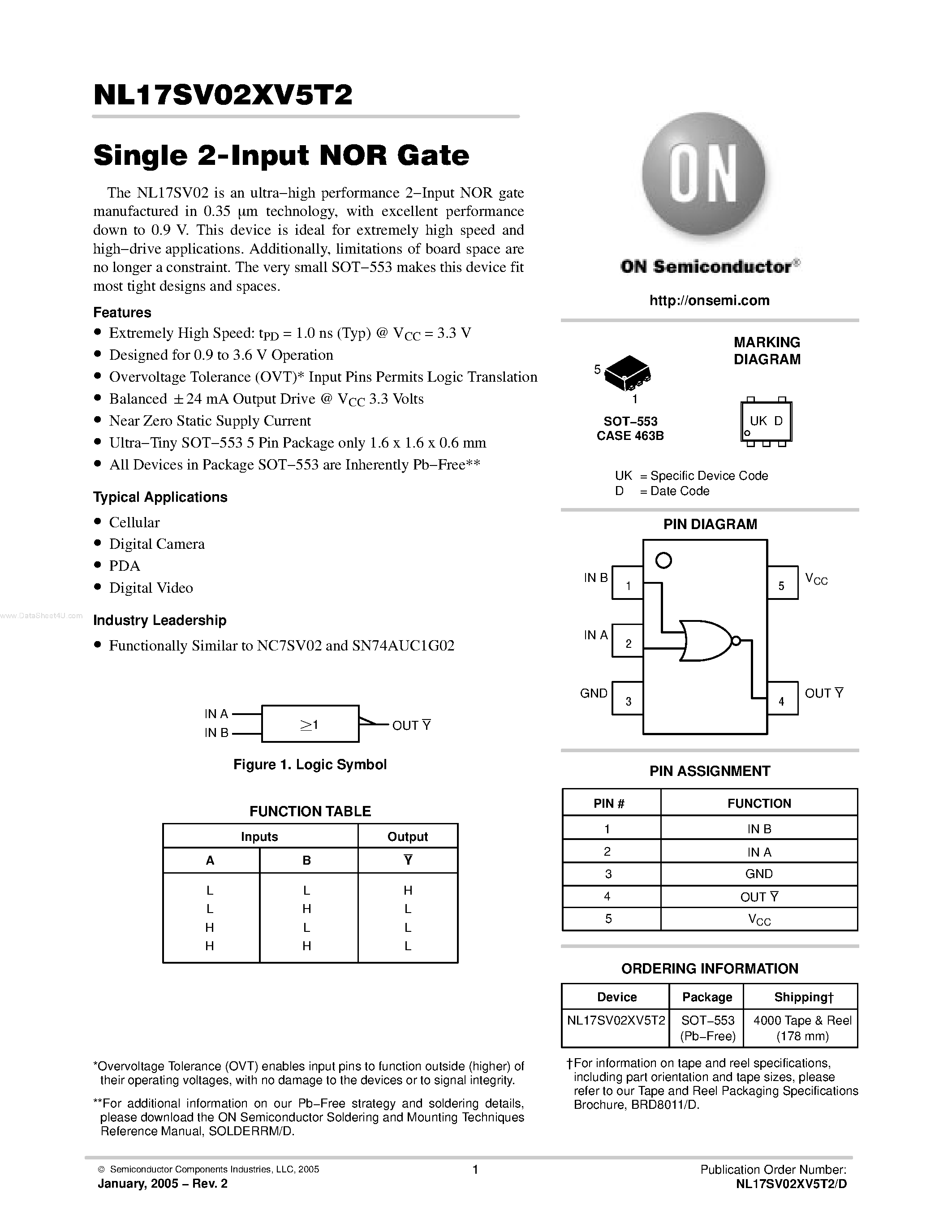 Datasheet NL17SV02XV5T2 - Single 2-Input NOR Gate page 1