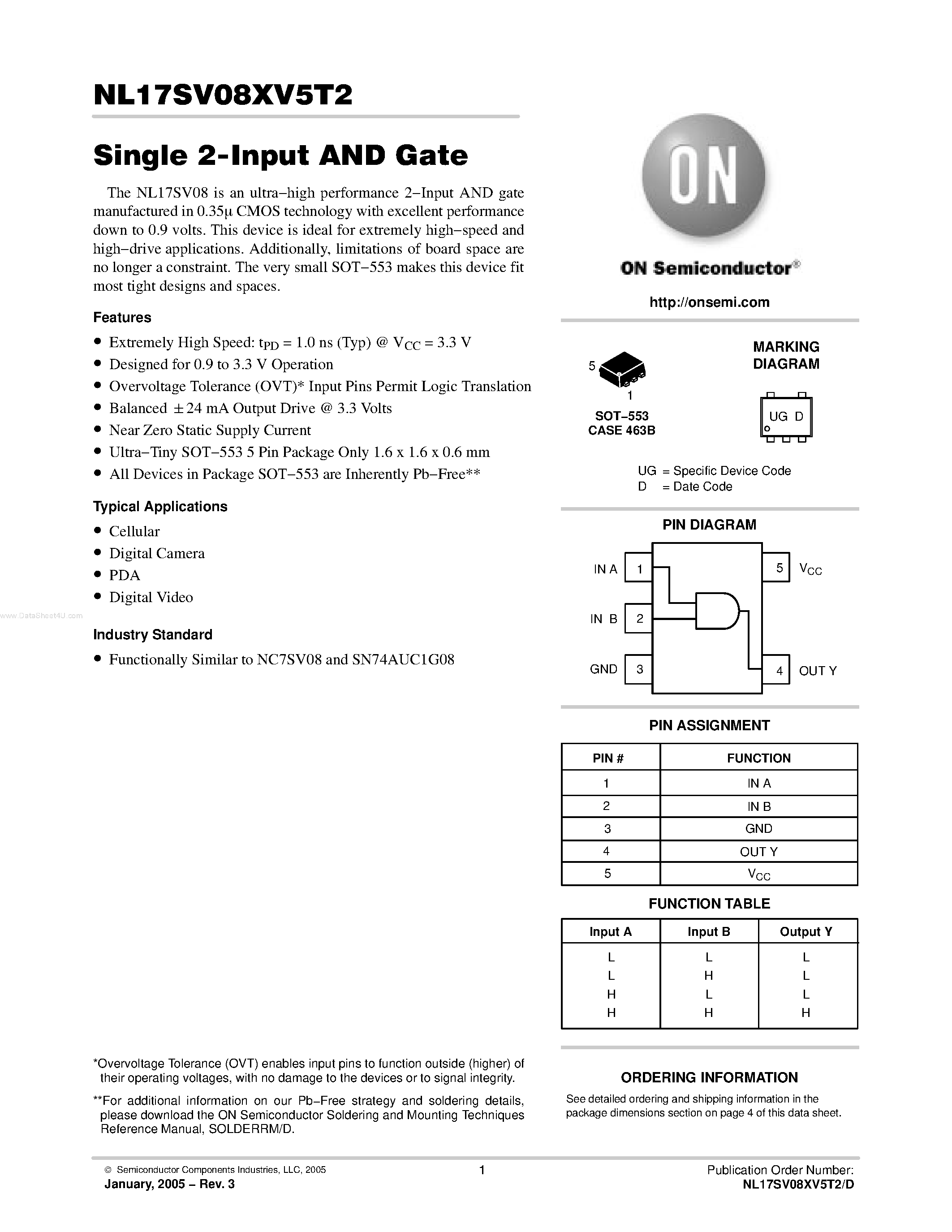 Datasheet NL17SV08XV5T2 - Single 2-Input AND Gate page 1