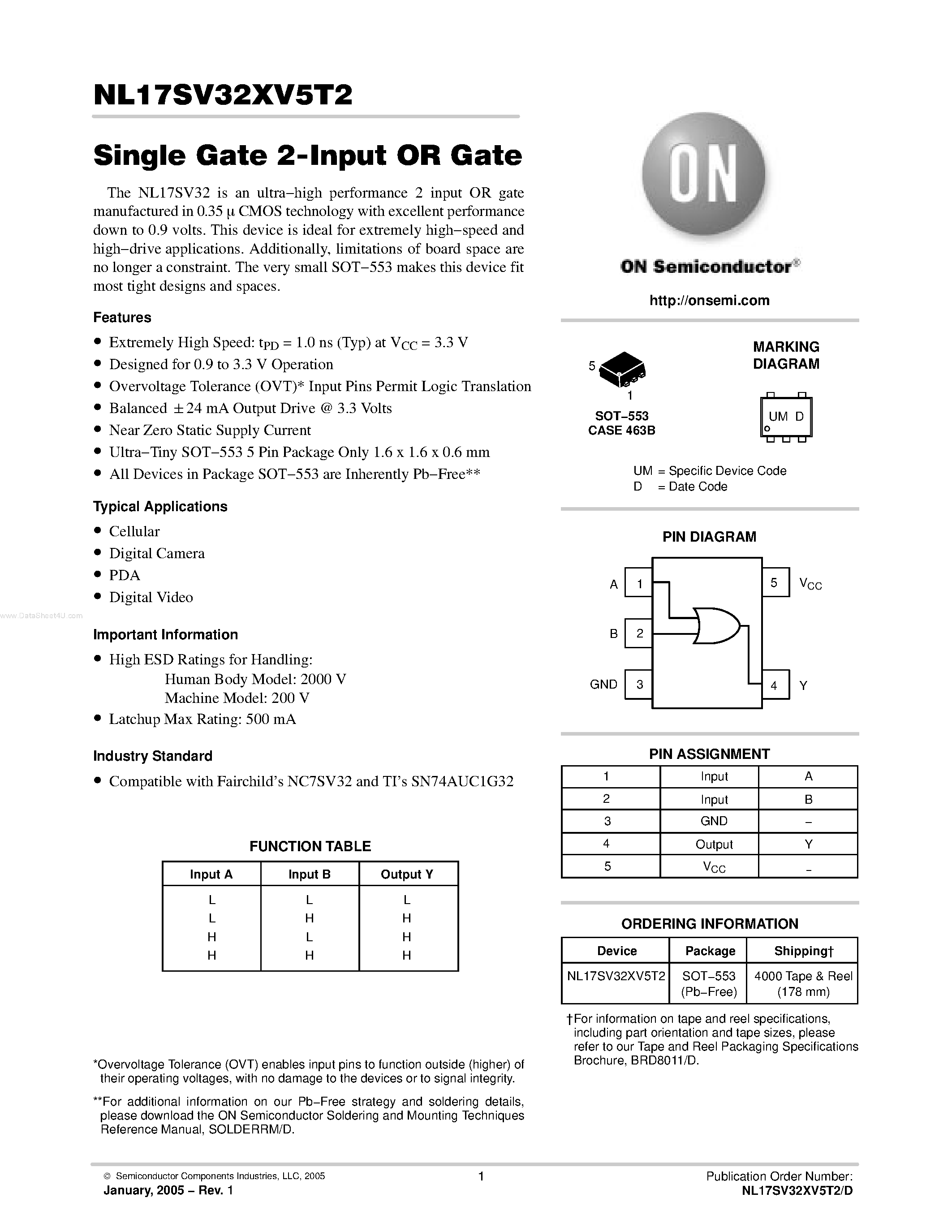 Datasheet NL17SV32XV5T2 - Single Gate 2-Input OR Gate page 1