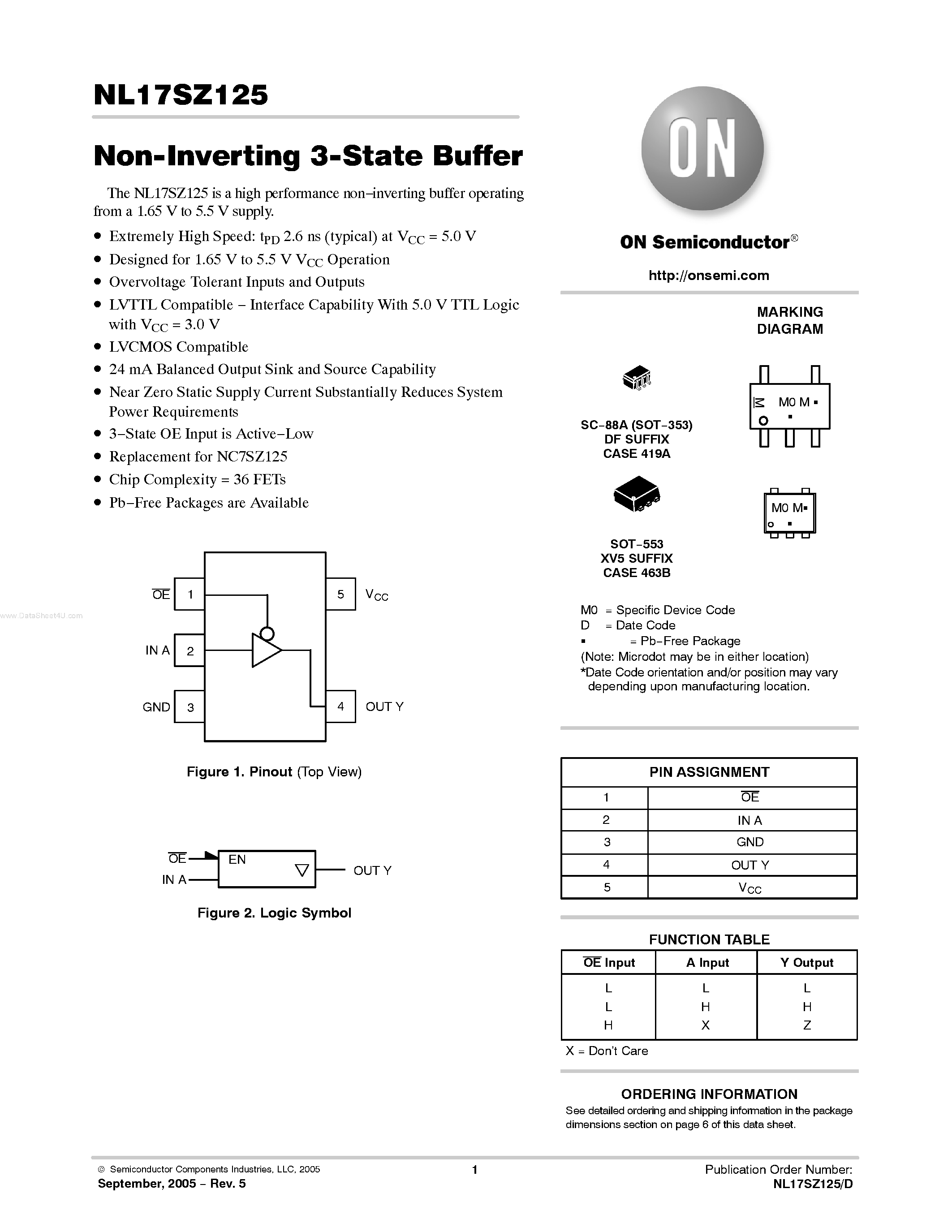 Datasheet NL17SZ125 - Non-Inverting 3-State Buffer page 1