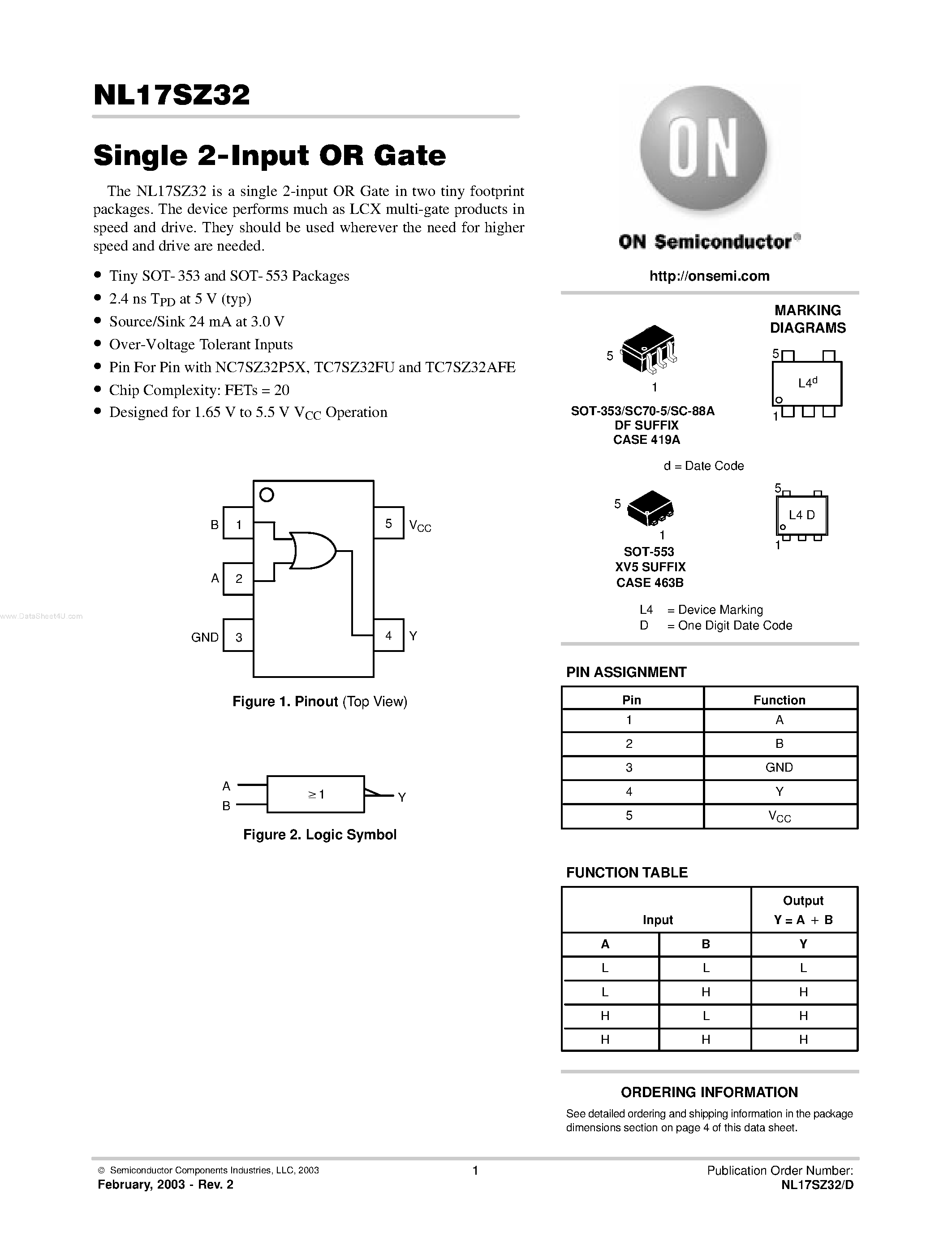 Datasheet NL17SZ32 - Single 2-Input OR Gate page 1