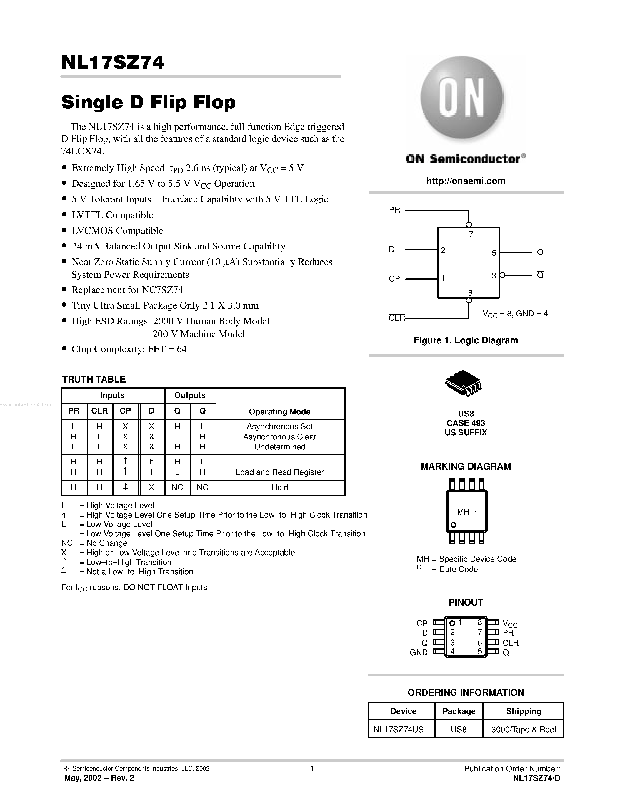 Даташит NL17SZ74 - Single D Flip Flop страница 1