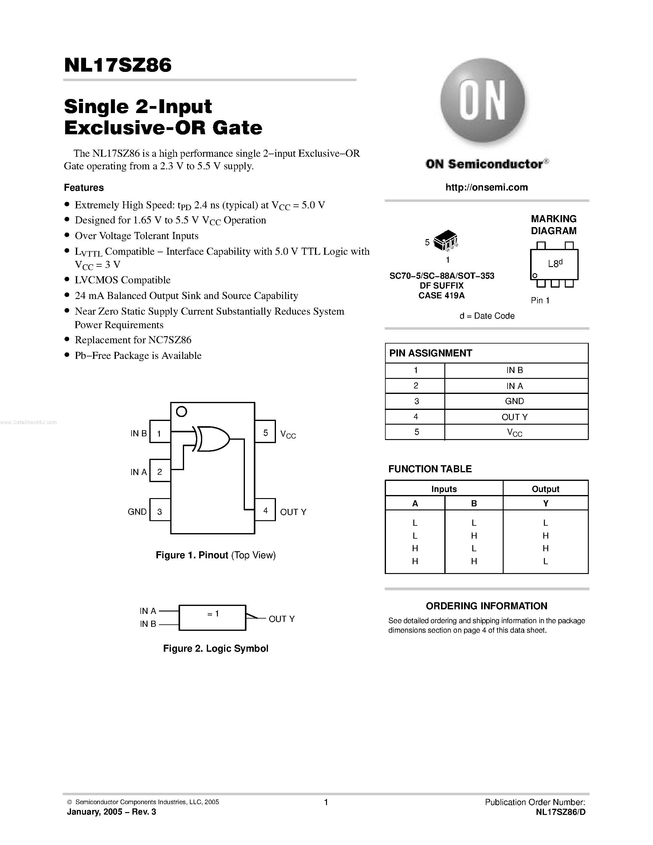 Datasheet NL17SZ86 - Single 2-Input Exclusive-OR Gate page 1