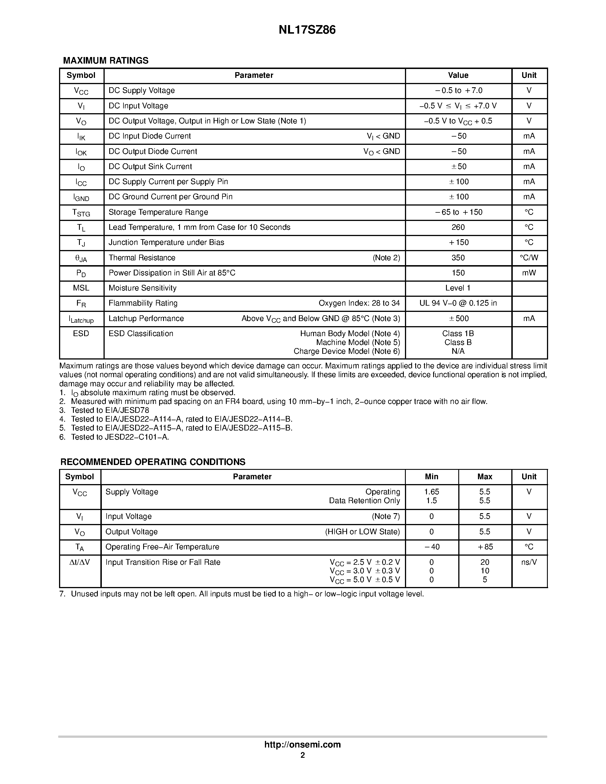 Datasheet NL17SZ86 - Single 2-Input Exclusive-OR Gate page 2