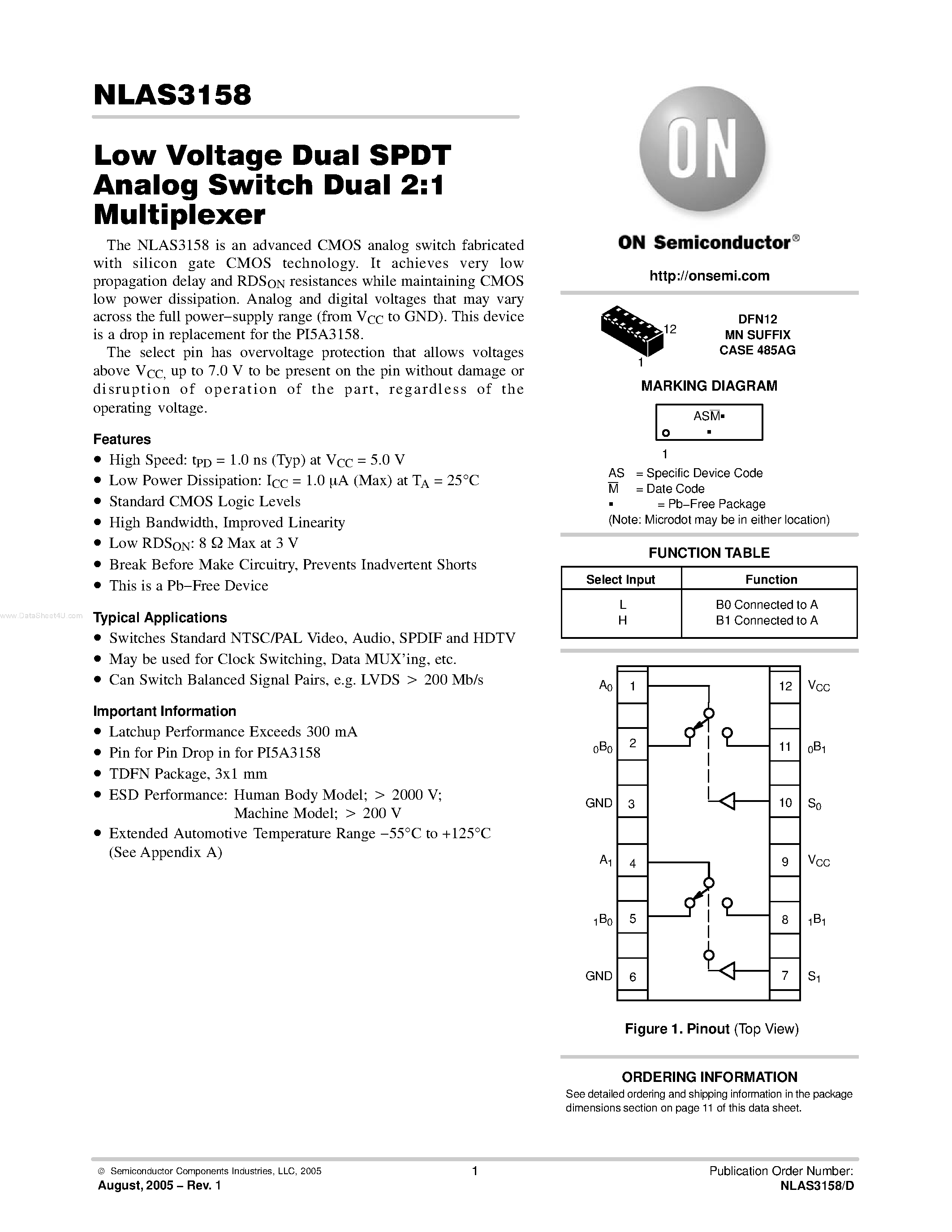Datasheet NLAS3158 - Low Voltage Dual SPDT Analog Switch Dual 2:1 Multiplexer page 1