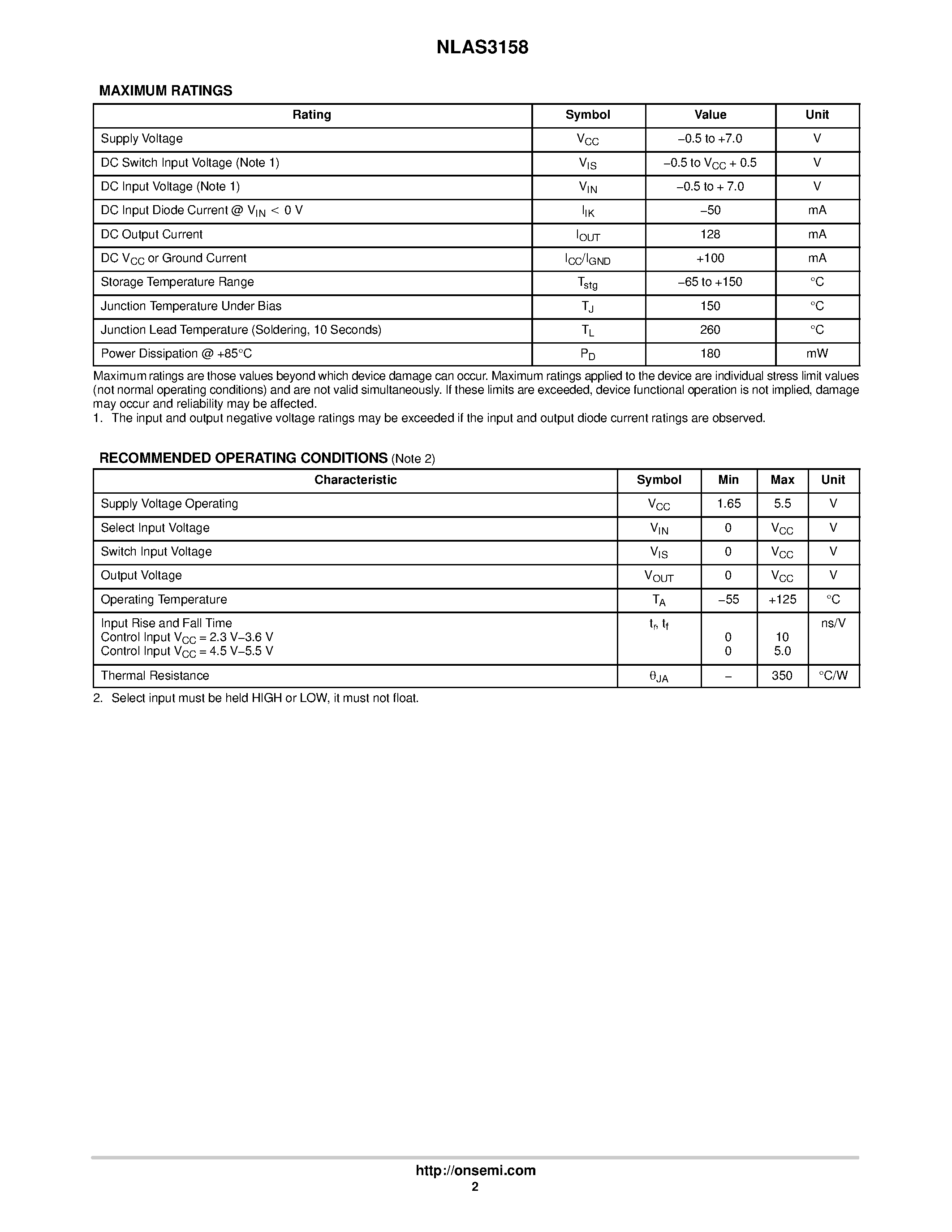 Datasheet NLAS3158 - Low Voltage Dual SPDT Analog Switch Dual 2:1 Multiplexer page 2
