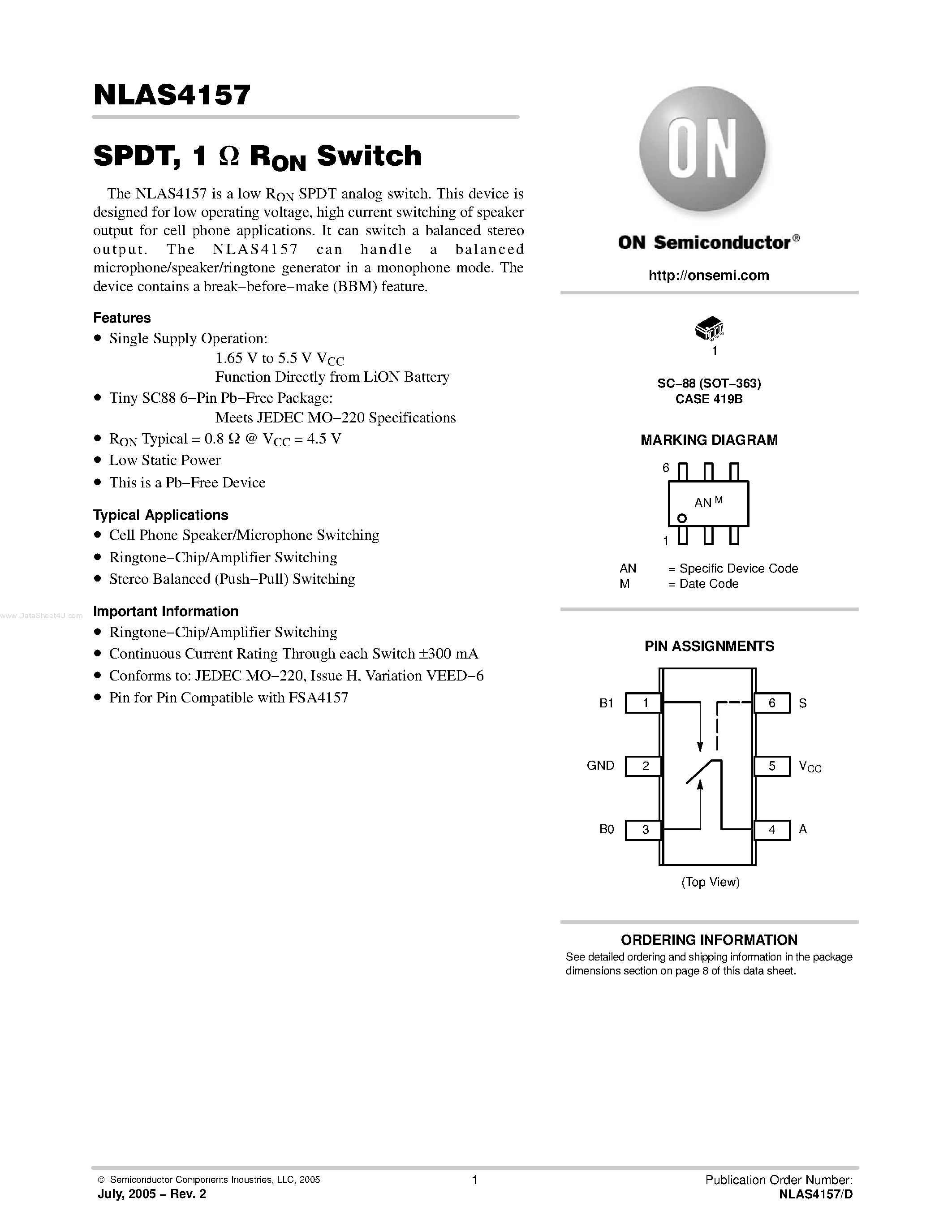 Datasheet NLAS4157 - SPDT / 1 ohm RON Switch page 1