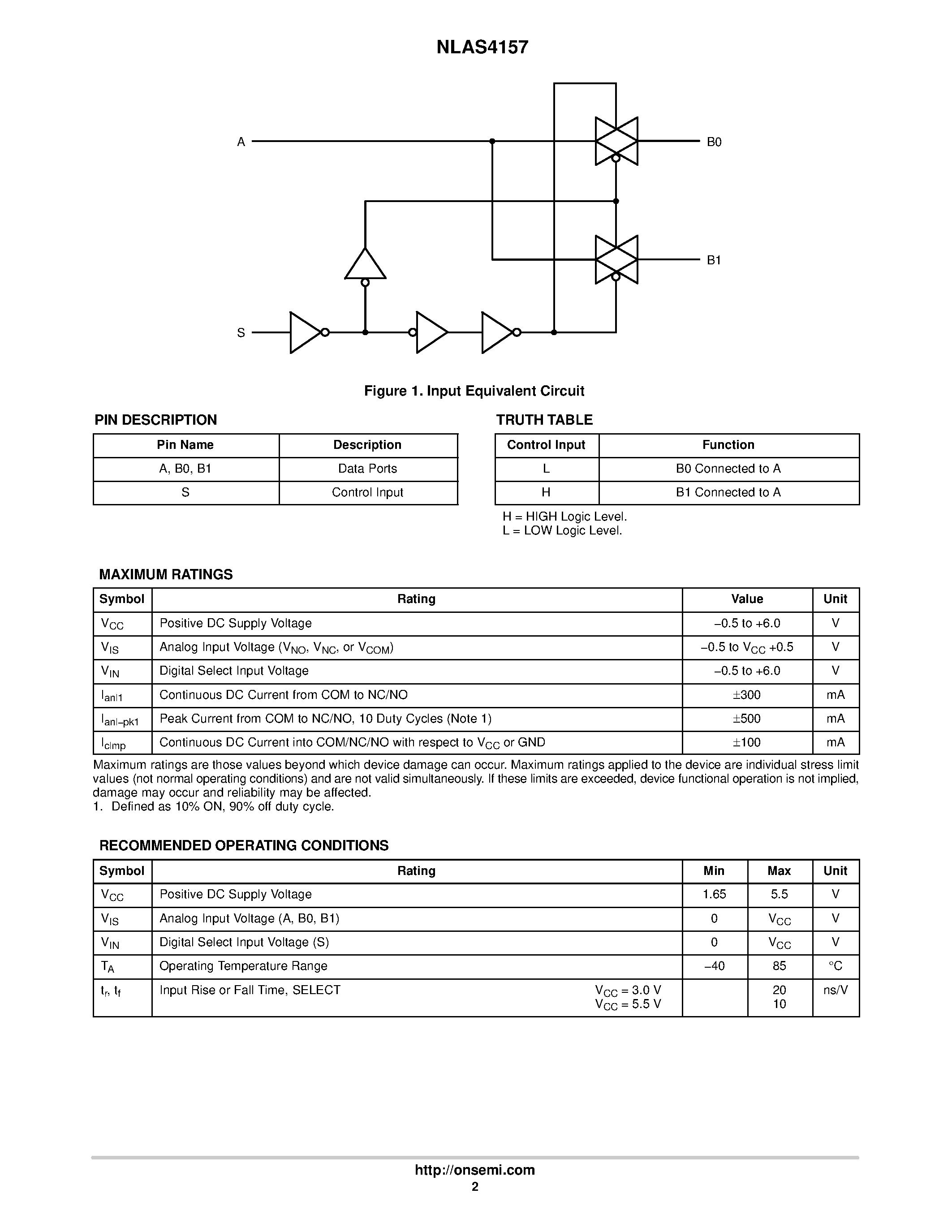 Datasheet NLAS4157 - SPDT / 1 ohm RON Switch page 2