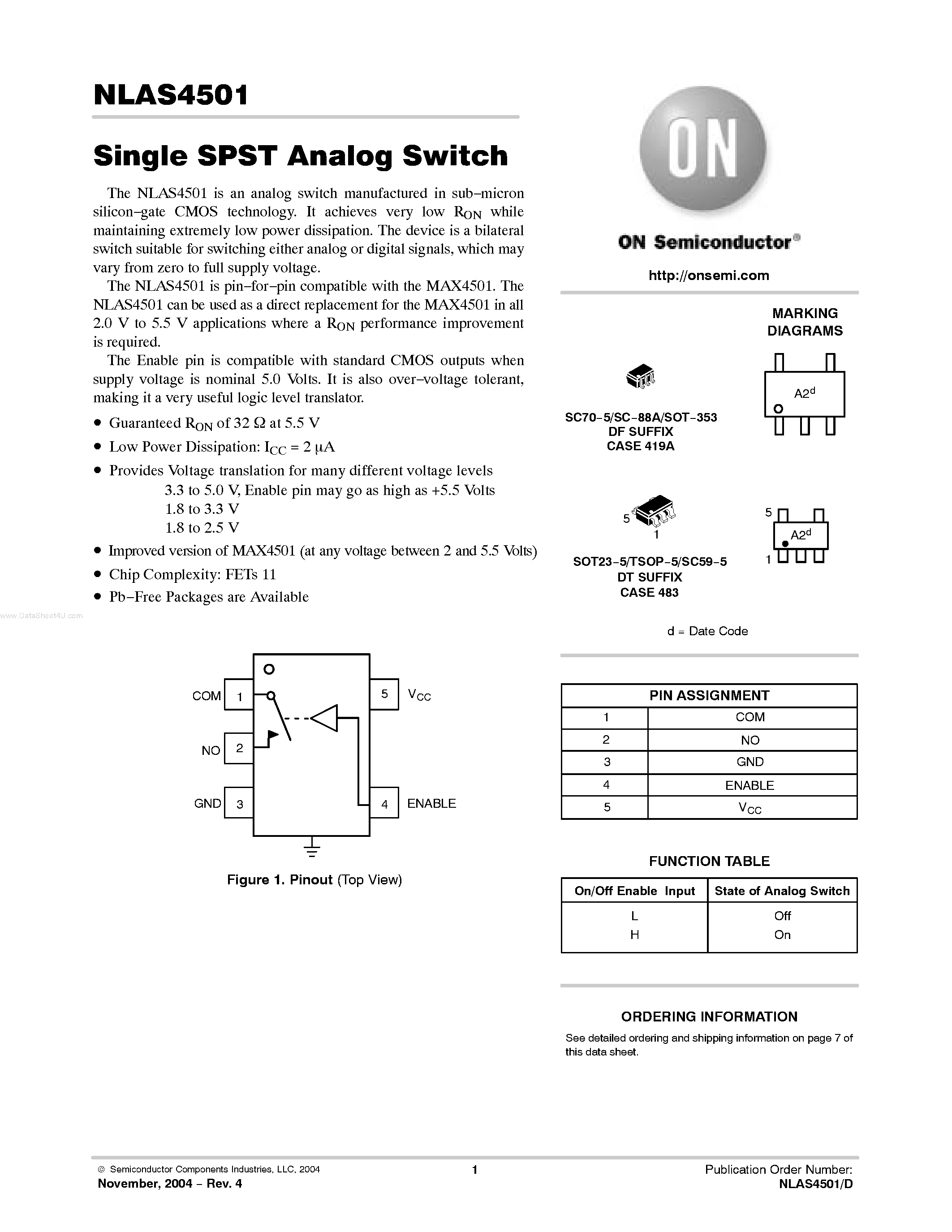 Datasheet NLAS4501 page 1 Datasheet NLAS4501 - Single SPST Analog Switch page 1