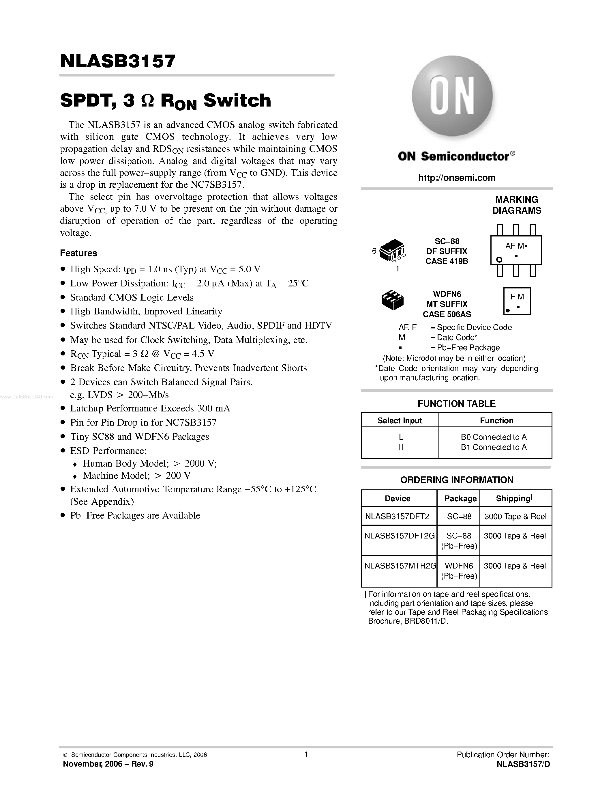 Datasheet NLASB3157 - SPDT / 3 ohm RON Switch page 1