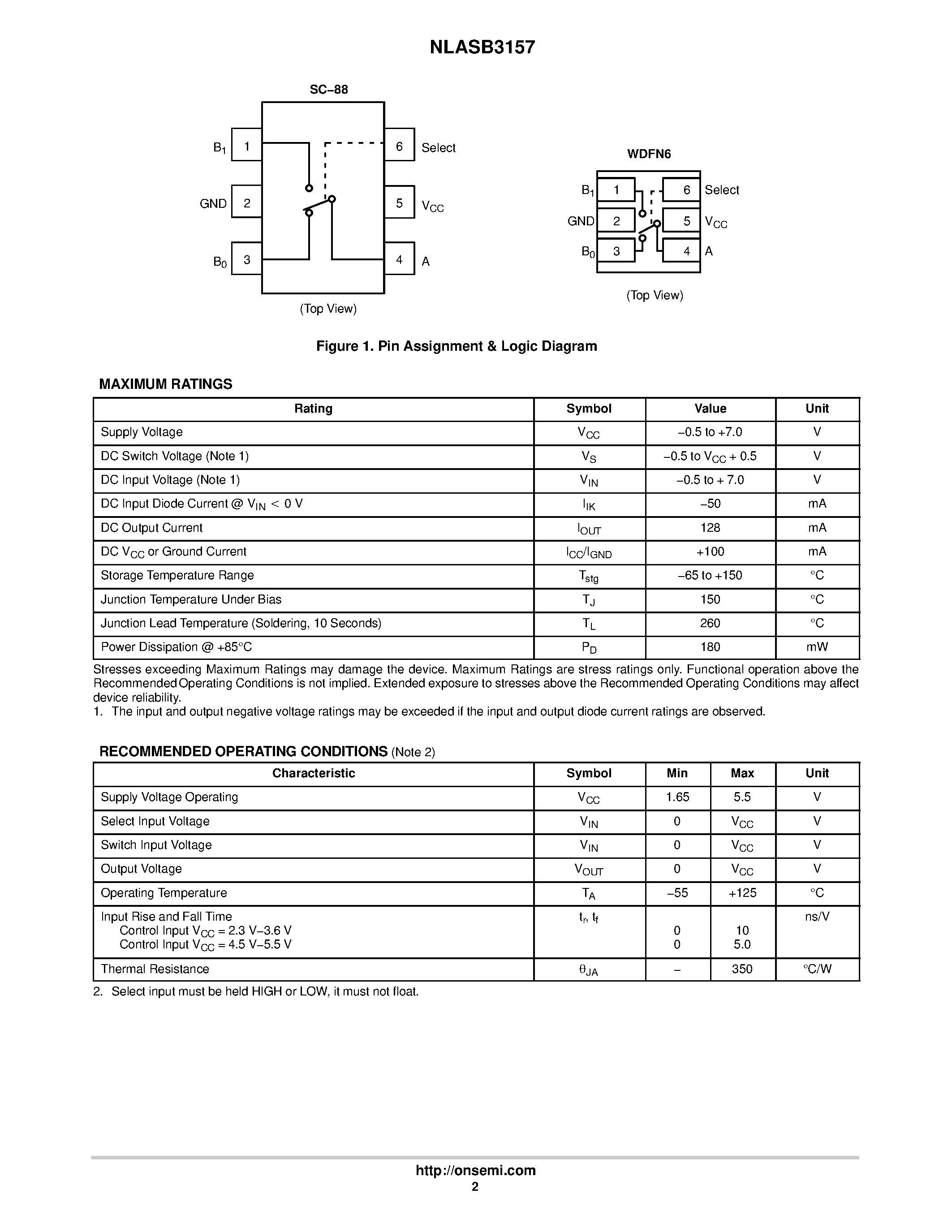 Datasheet NLASB3157 - SPDT / 3 ohm RON Switch page 2