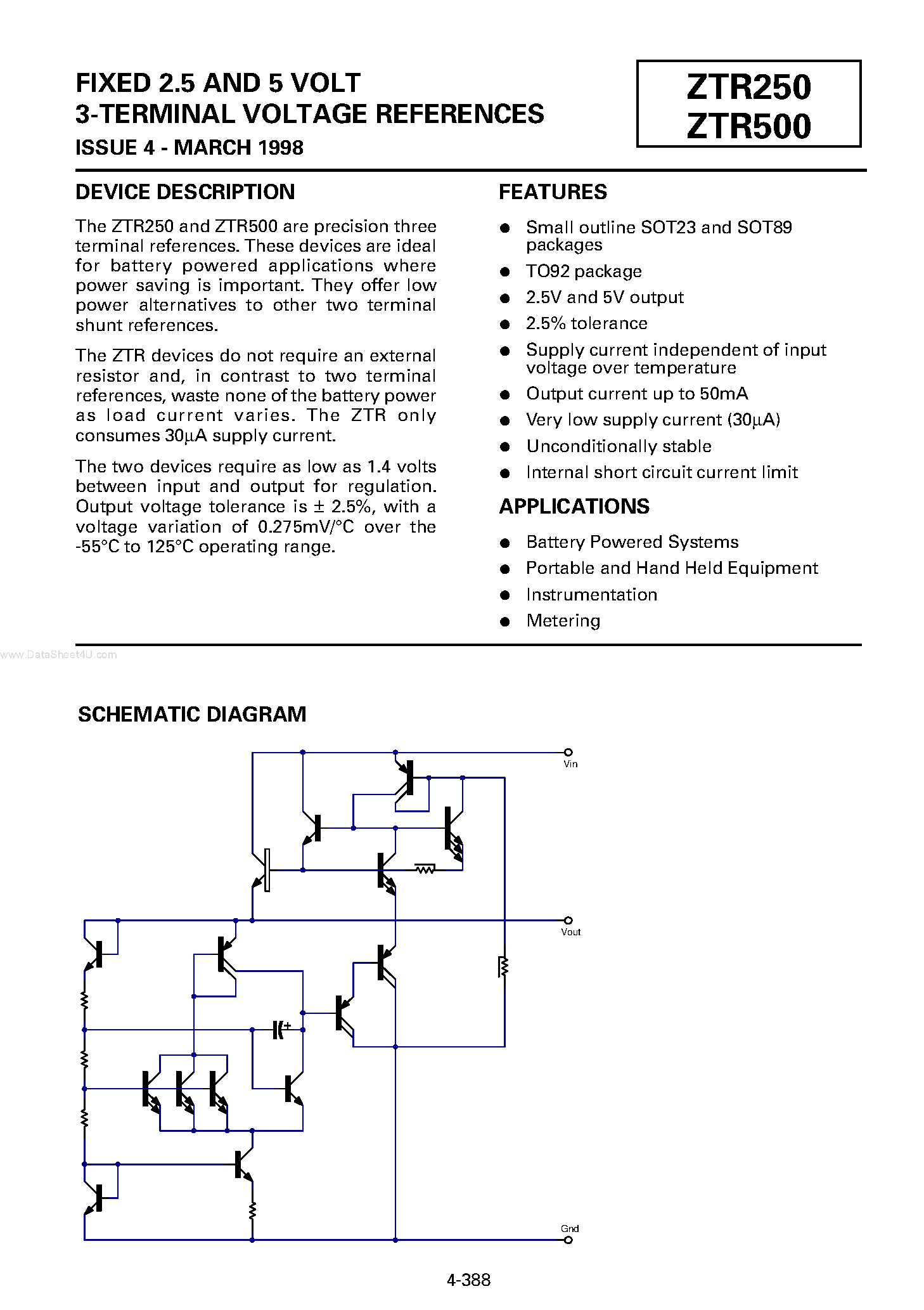 Datasheet ZTR250 - (ZTR250 / ZTR500) FIXED 2.5 AND 5 VOLT 3-TERMINAL VOLTAGE REFERENCES page 1