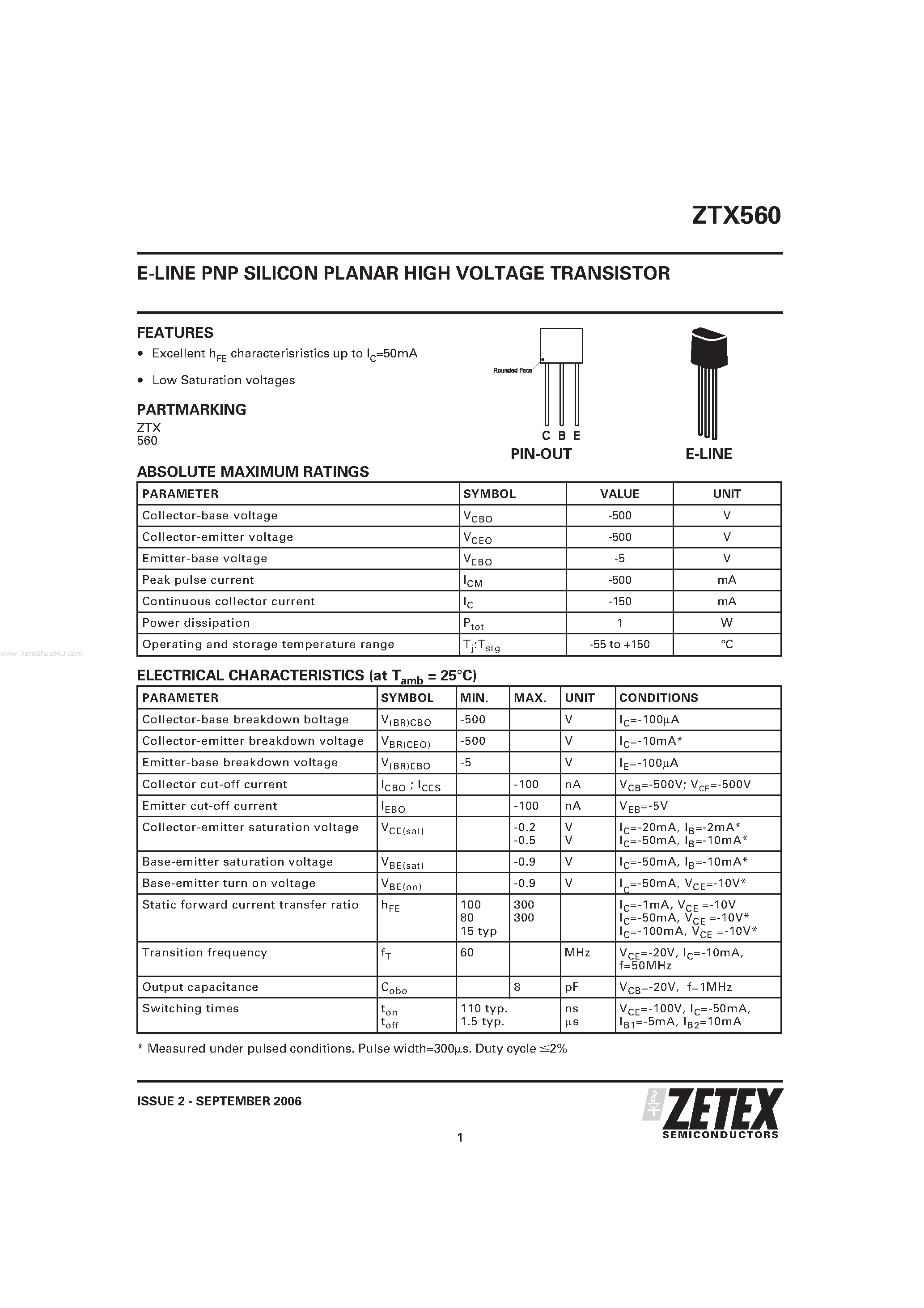 Даташит ZTX560 - E-LINE PNP SILICON PLANAR HIGH VOLTAGE TRANSISTOR страница 1