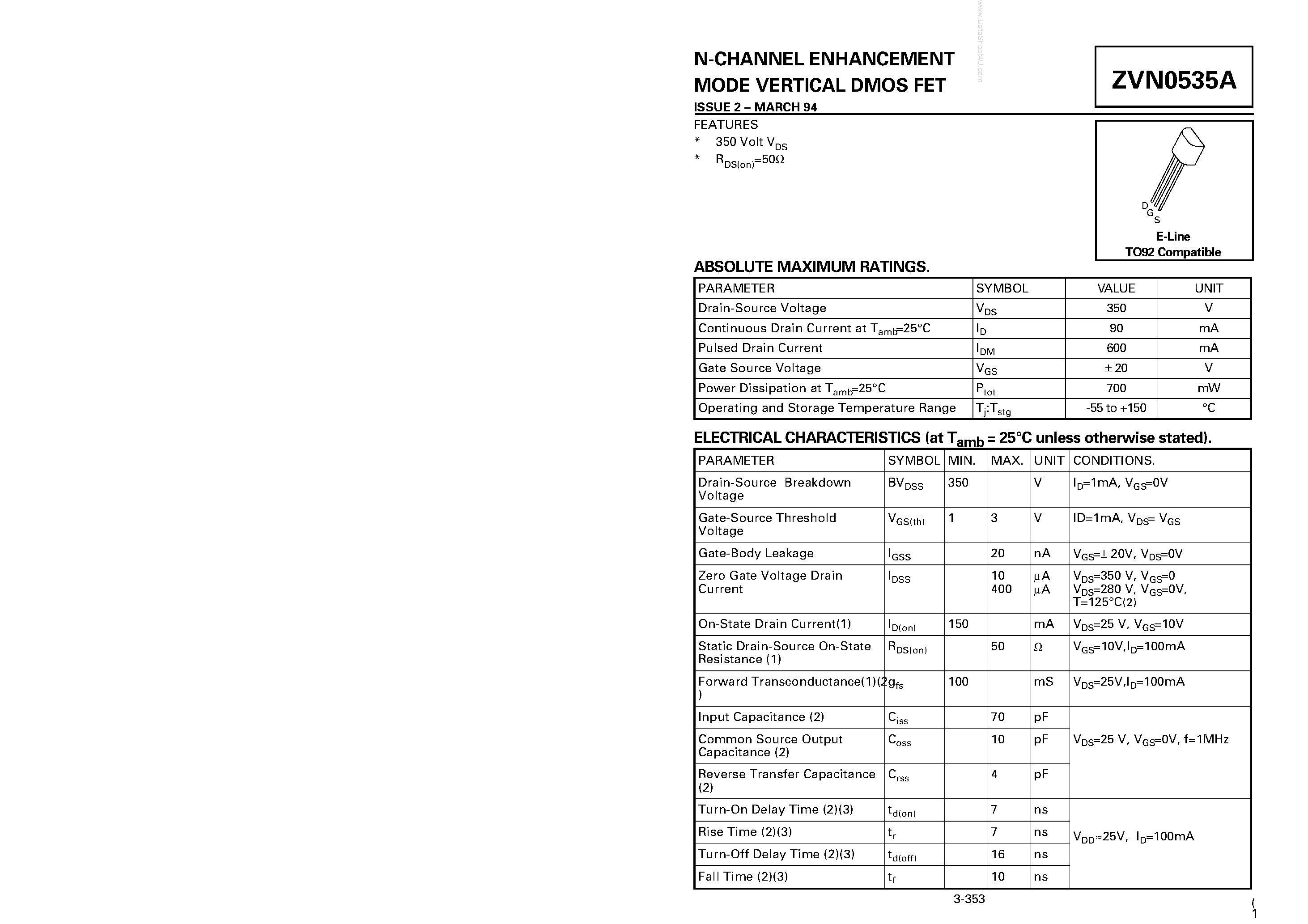 Datasheet ZVN0535A - N-CHANNEL ENHANCEMENT MODE VERTICAL DMOS FET page 1