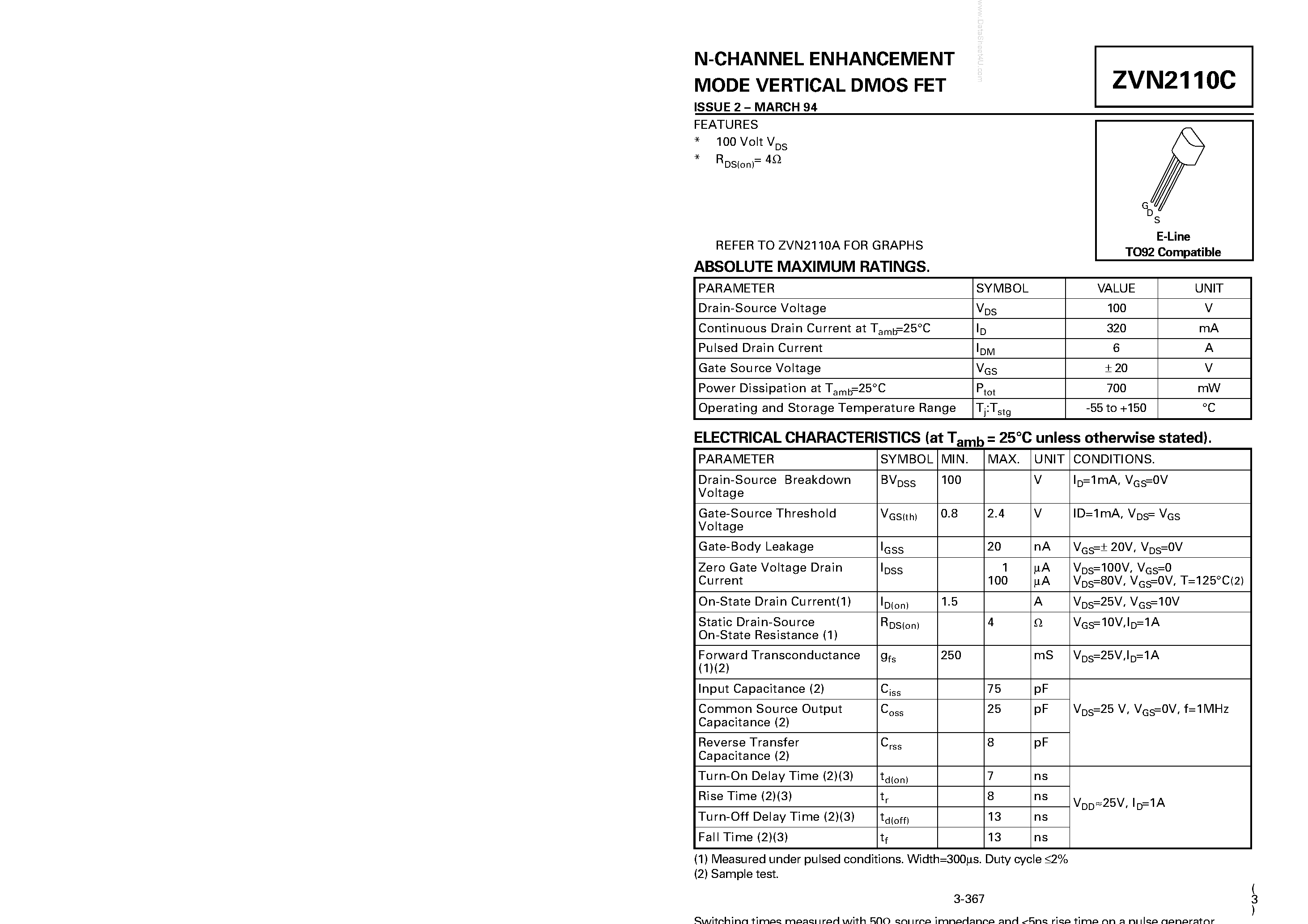 Datasheet ZVN2110C - N-CHANNEL ENHANCEMENT MODE VERTICAL DMOS FET page 1