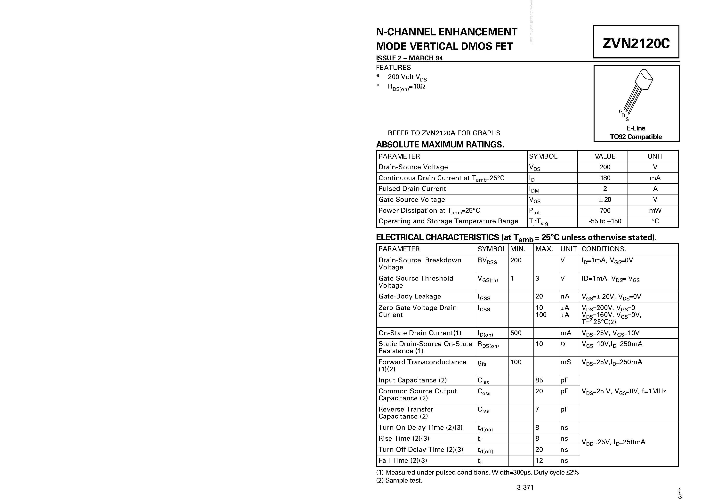 Datasheet ZVN2120C - N-CHANNEL ENHANCEMENT MODE VERTICAL DMOS FET page 1