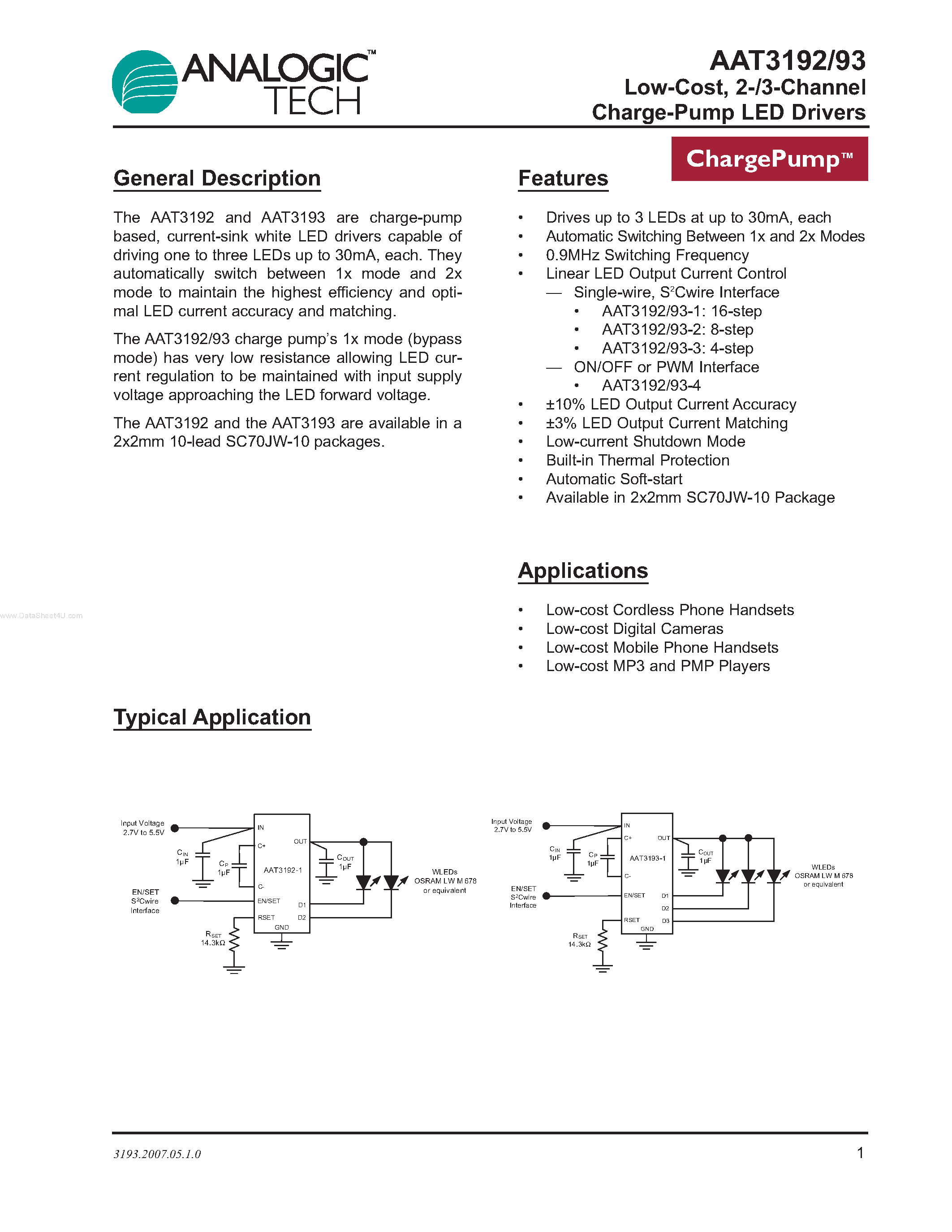 Datasheet AAT3192 - (AAT3192 / AAT3193) 2-/3-Channel Charge-Pump LED Drivers page 1