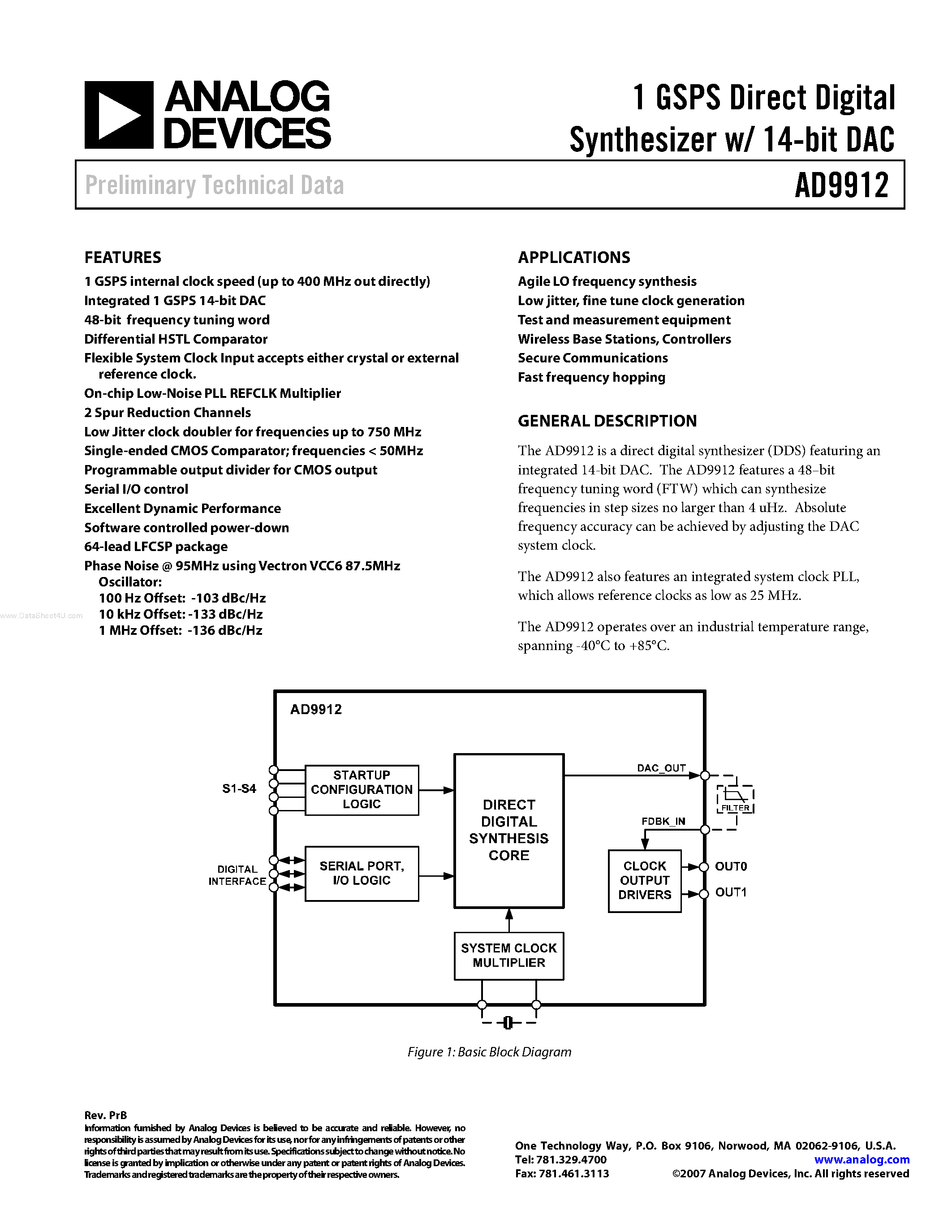 Datasheet AD9912 page 1 Datasheet AD9912 - 1 GSPS Direct Digital Synthesizer w/ 14-bit DAC page 1