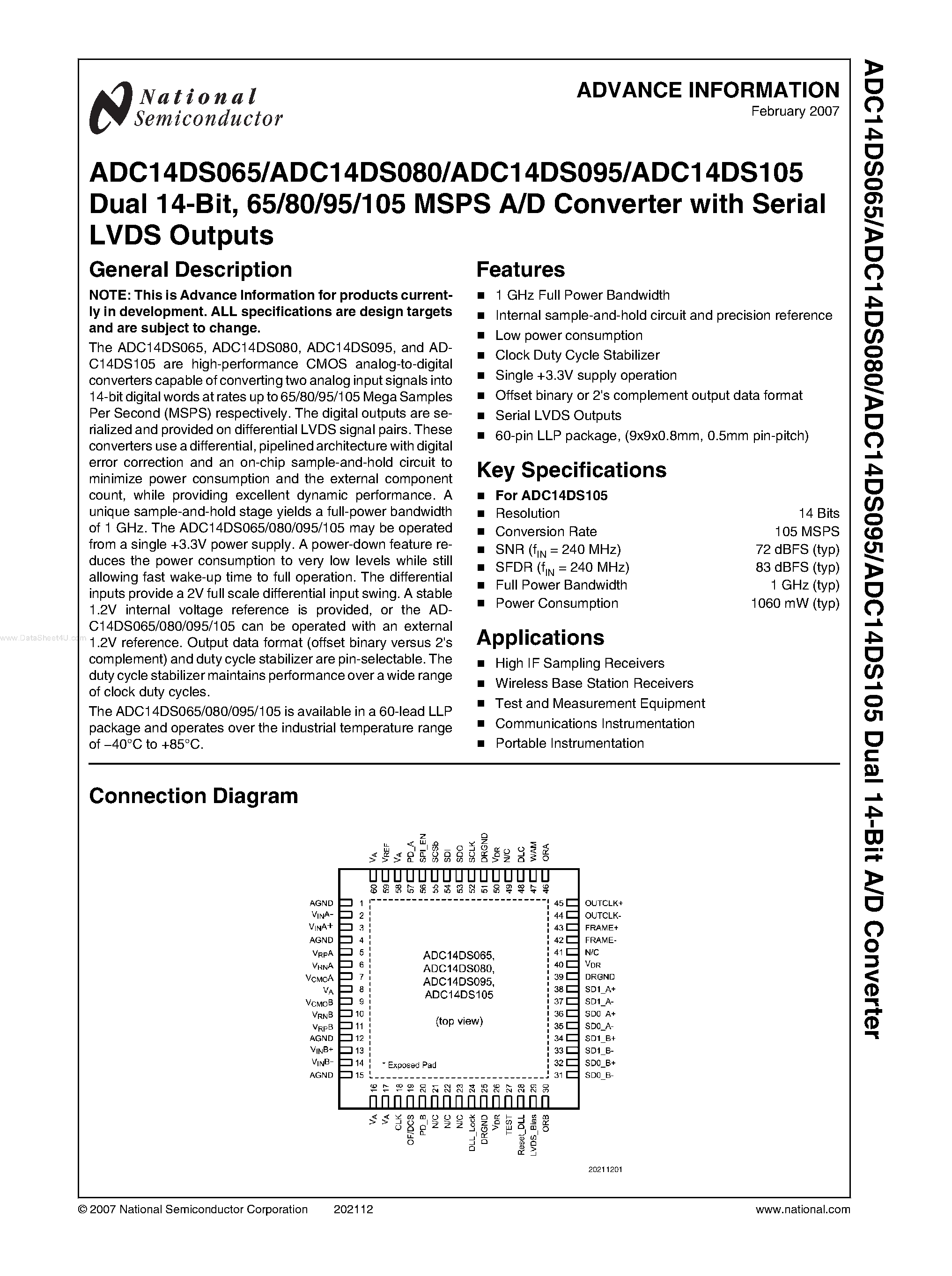 Даташит на микросхему ADC14DS065 страница 1 Даташит ADC14DS065 - (ADC14DS065 - ADC14DS105) A/D Converter страница 1