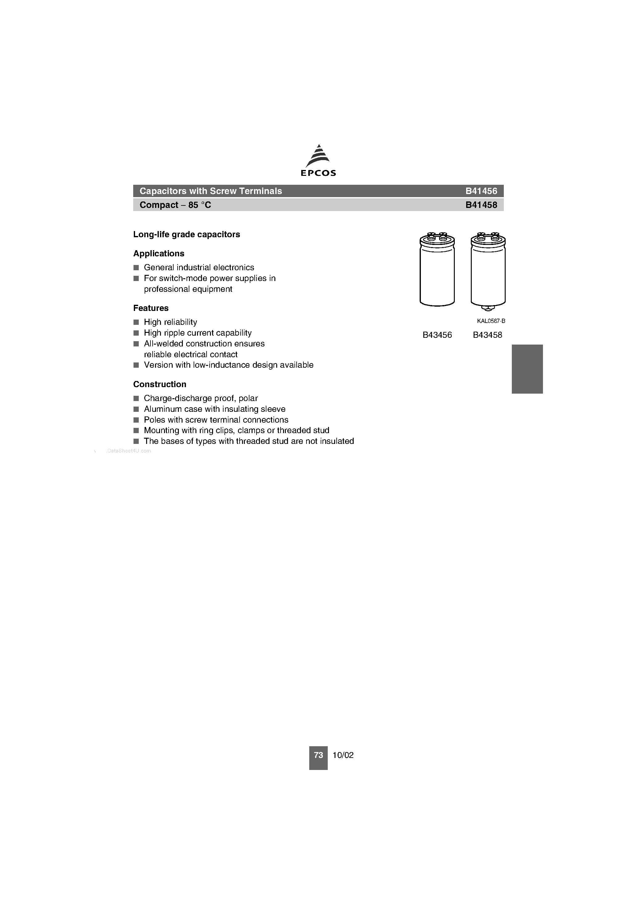 Datasheet B41456 page 1 Datasheet B41456 - Capacitors page 1