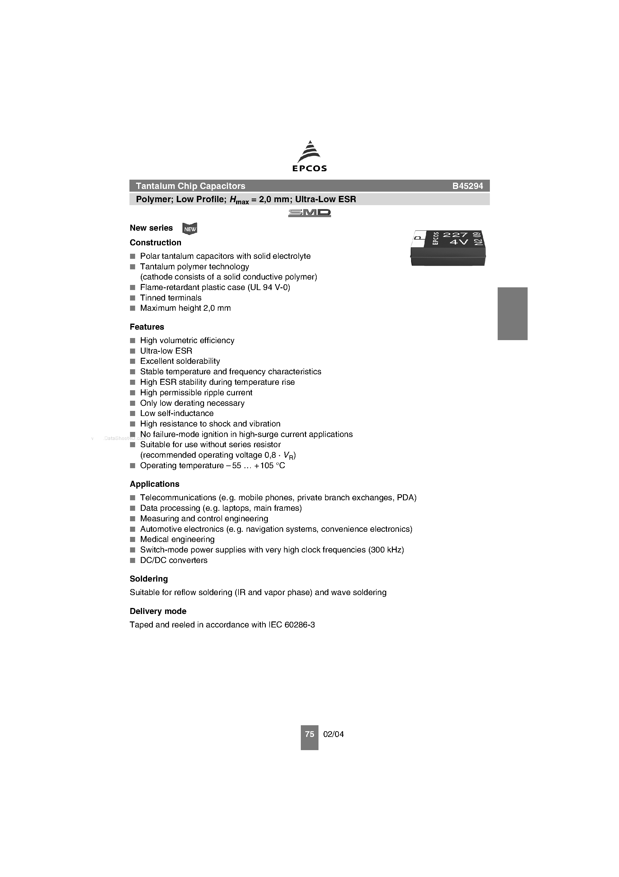 Datasheet B45294 - Tantalum Chip Capacitors page 1
