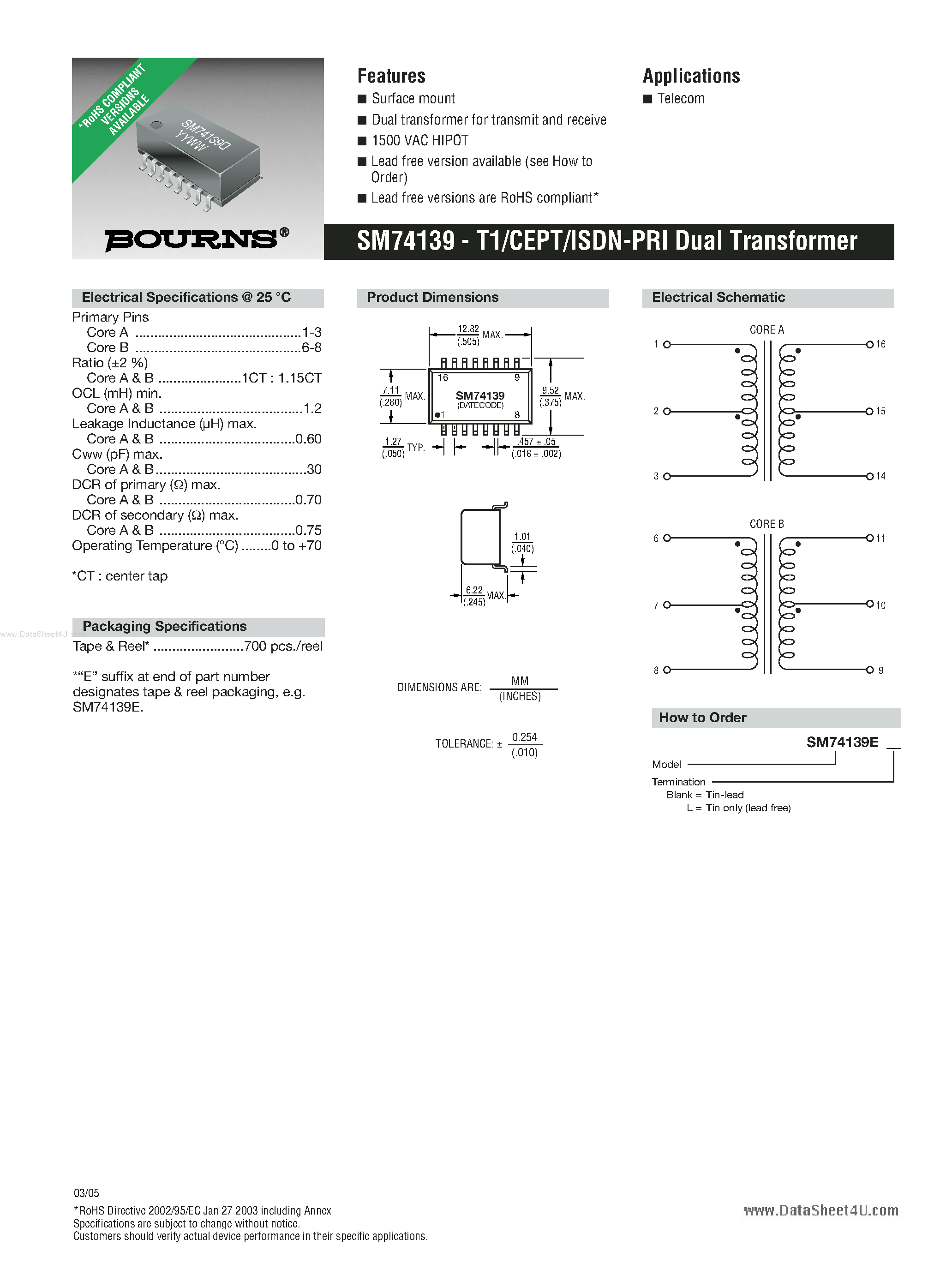 Datasheet 74139 - T1/CEPT/ISDN-PRI Dual Transformer page 1