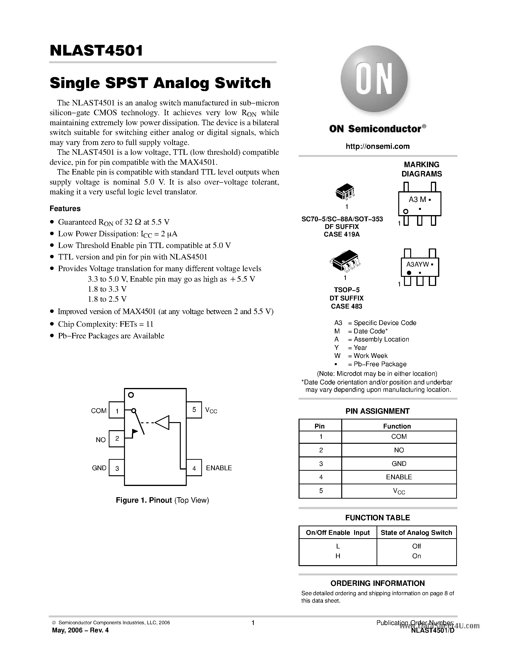 Datasheet NLAST4501 page 1 Datasheet NLAST4501 - Single SPST Analog Switch page 1