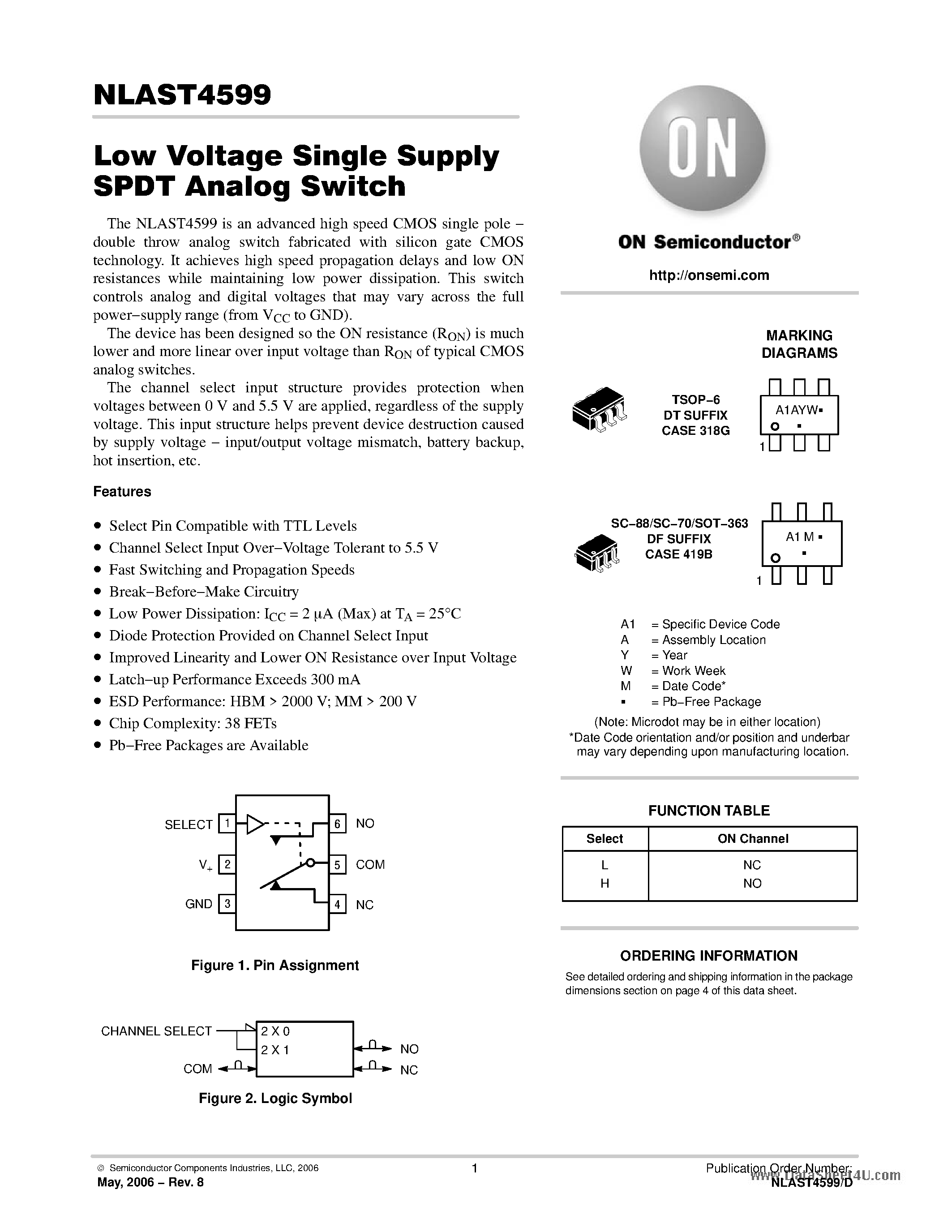 Datasheet NLAST4599 - Low Voltage Single Supply SPDT Analog Switch page 1