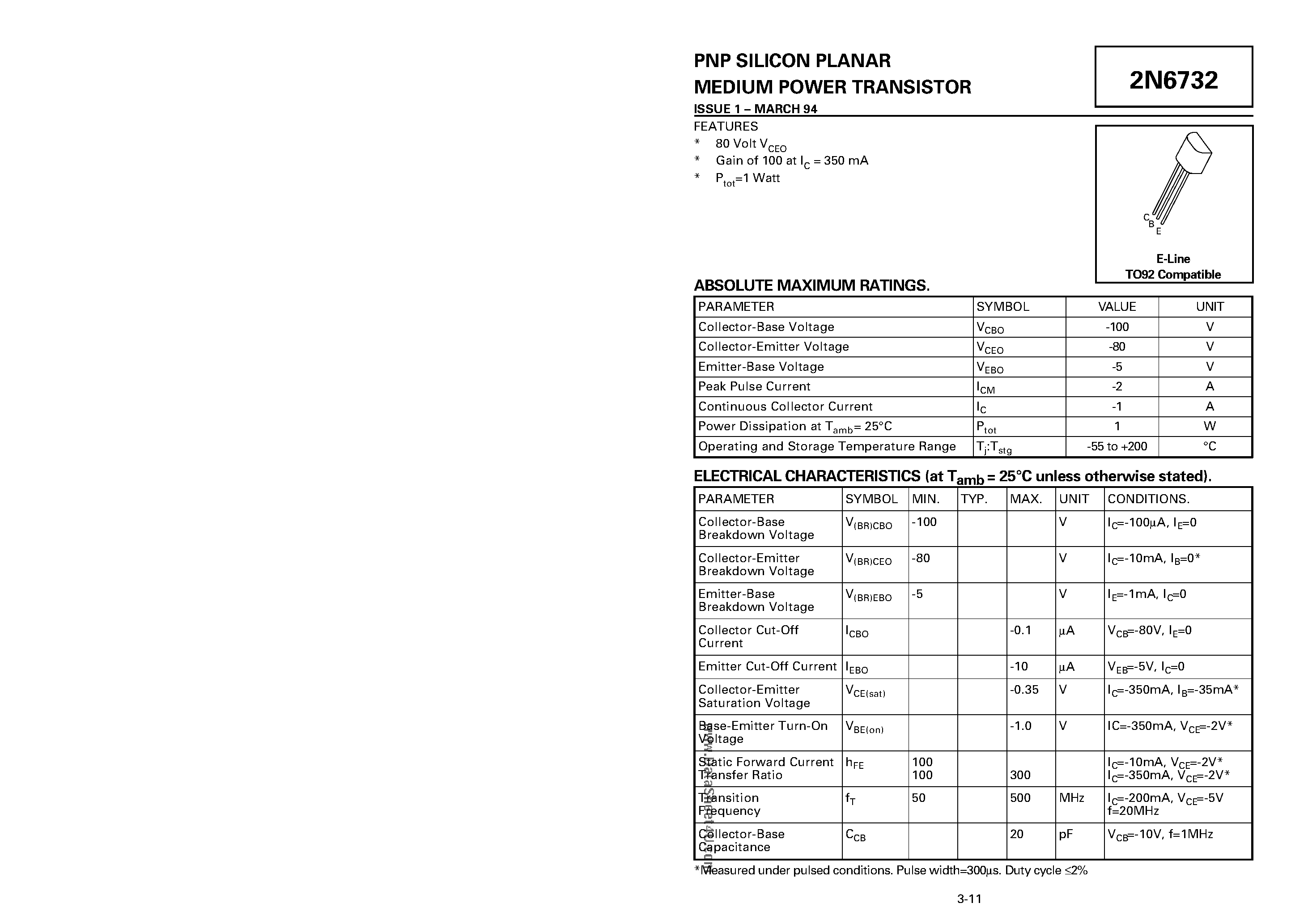 Datasheet 2N6732 - PNP SILICON PLANAR MEDIUM POWER TRANSISTOR page 1