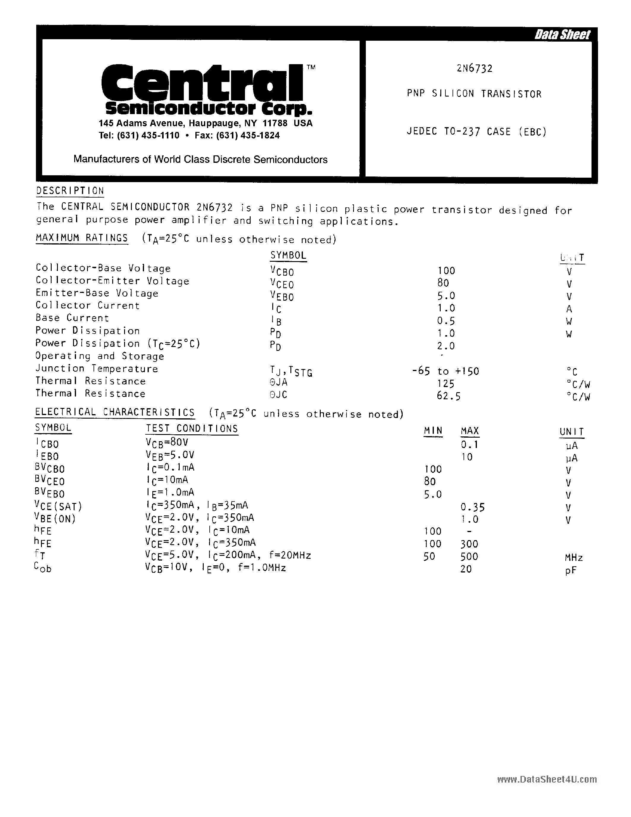 Datasheet 2N6732 - PNP SIlicon Transistor page 1