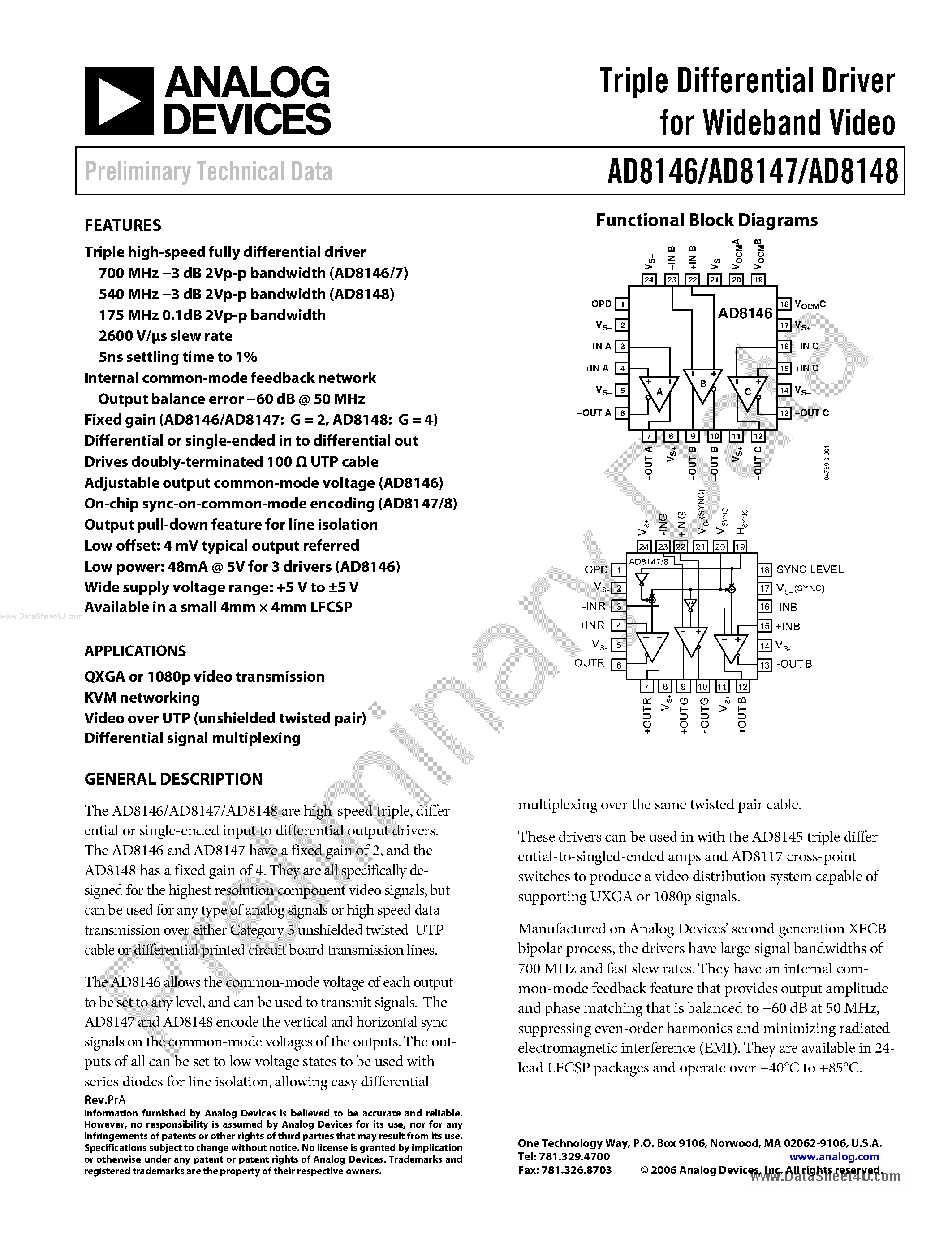 Datasheet AD8146 - (AD8146 - AD8148) Triple Differential Driver page 1