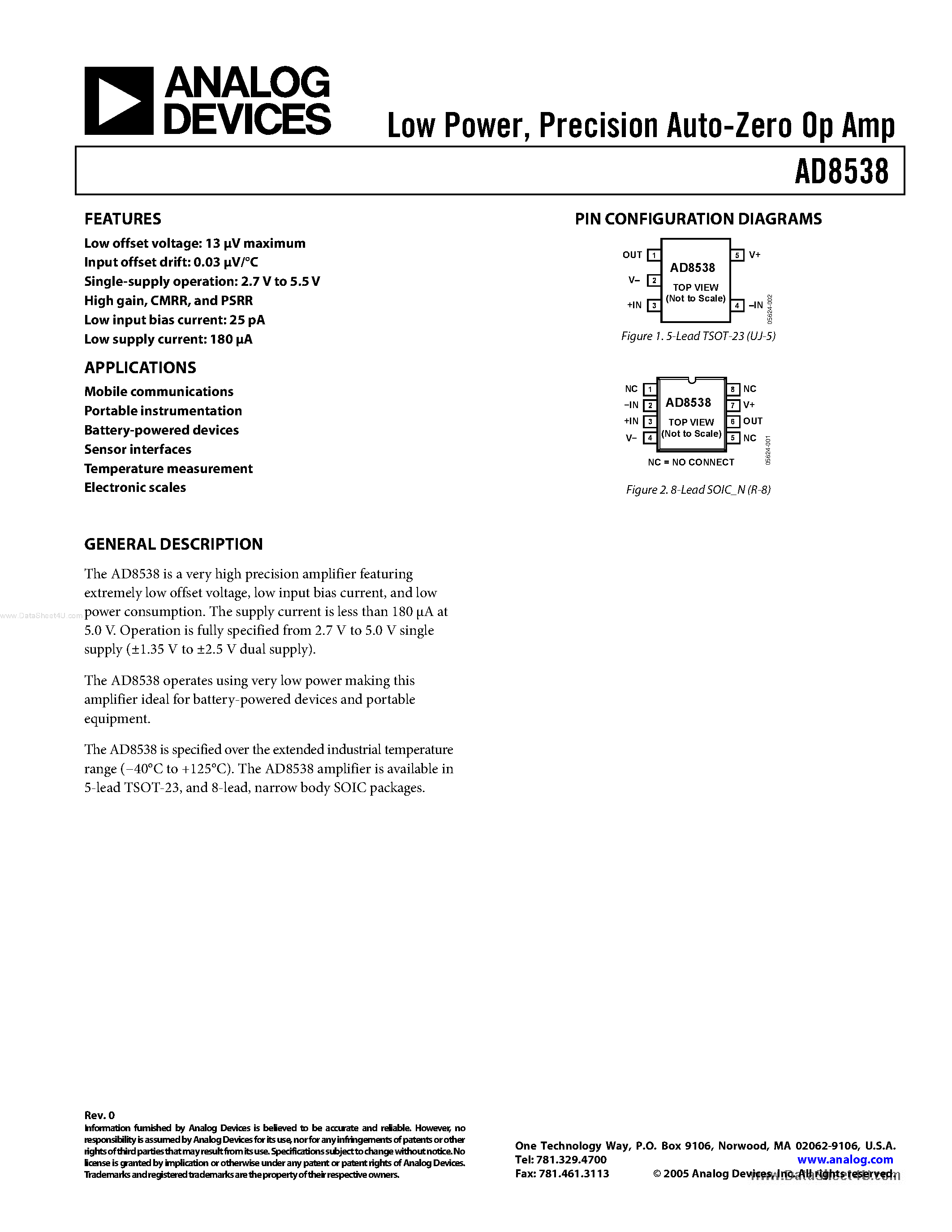 Datasheet AD8538 page 1 Datasheet AD8538 - Precision Auto-Zero Op Amp page 1