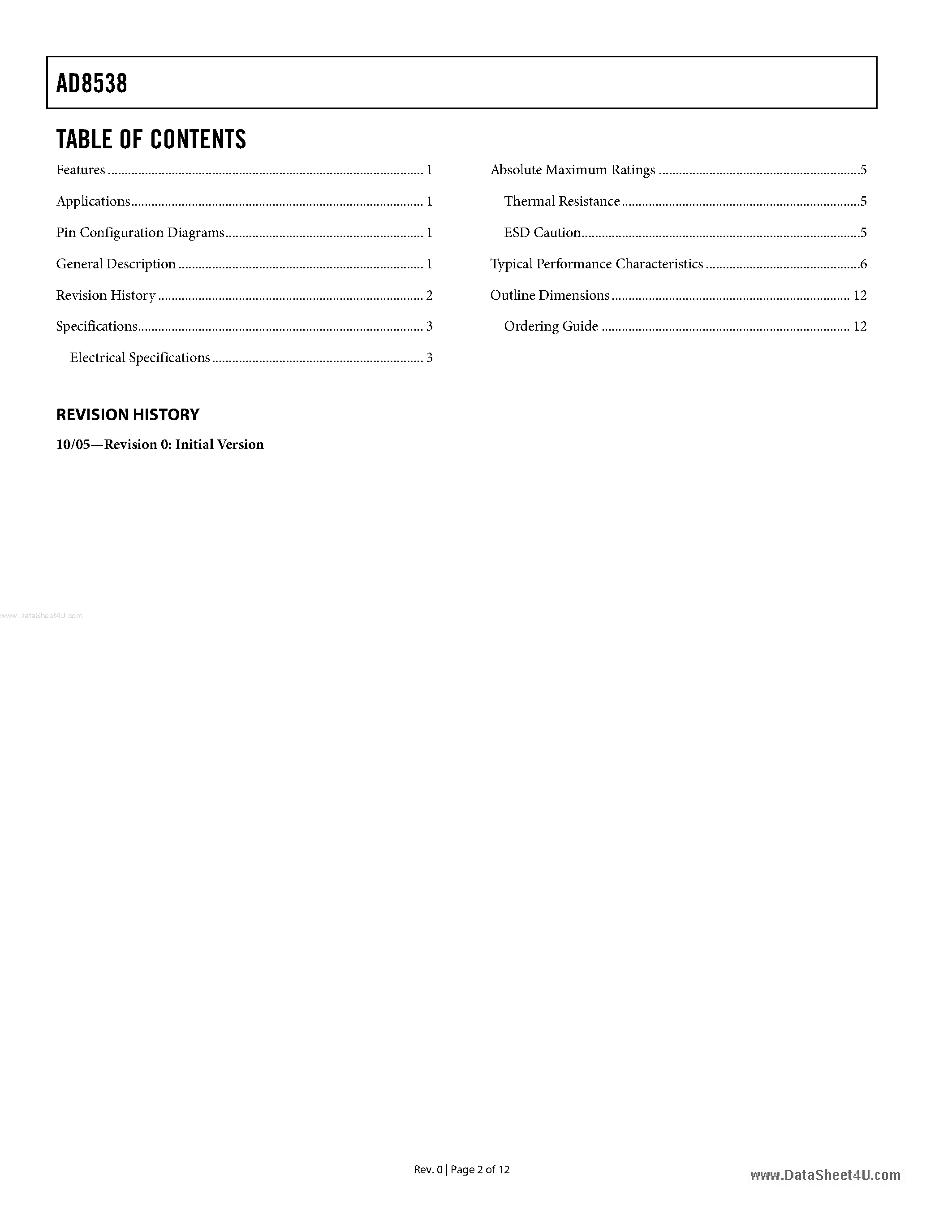 Datasheet AD8538 page 2 Datasheet AD8538 - Precision Auto-Zero Op Amp page 2
