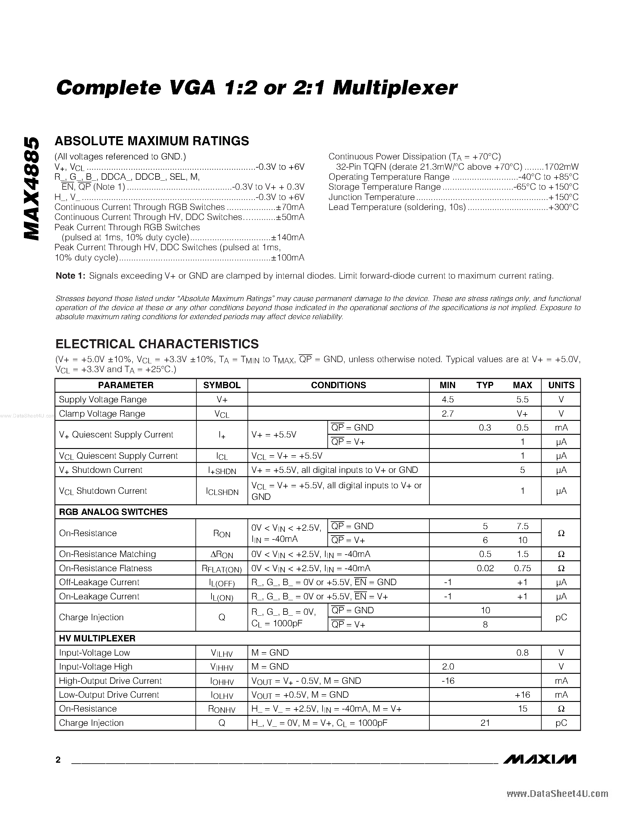 Datasheet MAX4885 page 2 Datasheet MAX4885 - Complete VGA 1:2 or 2:1 Multiplexer page 2