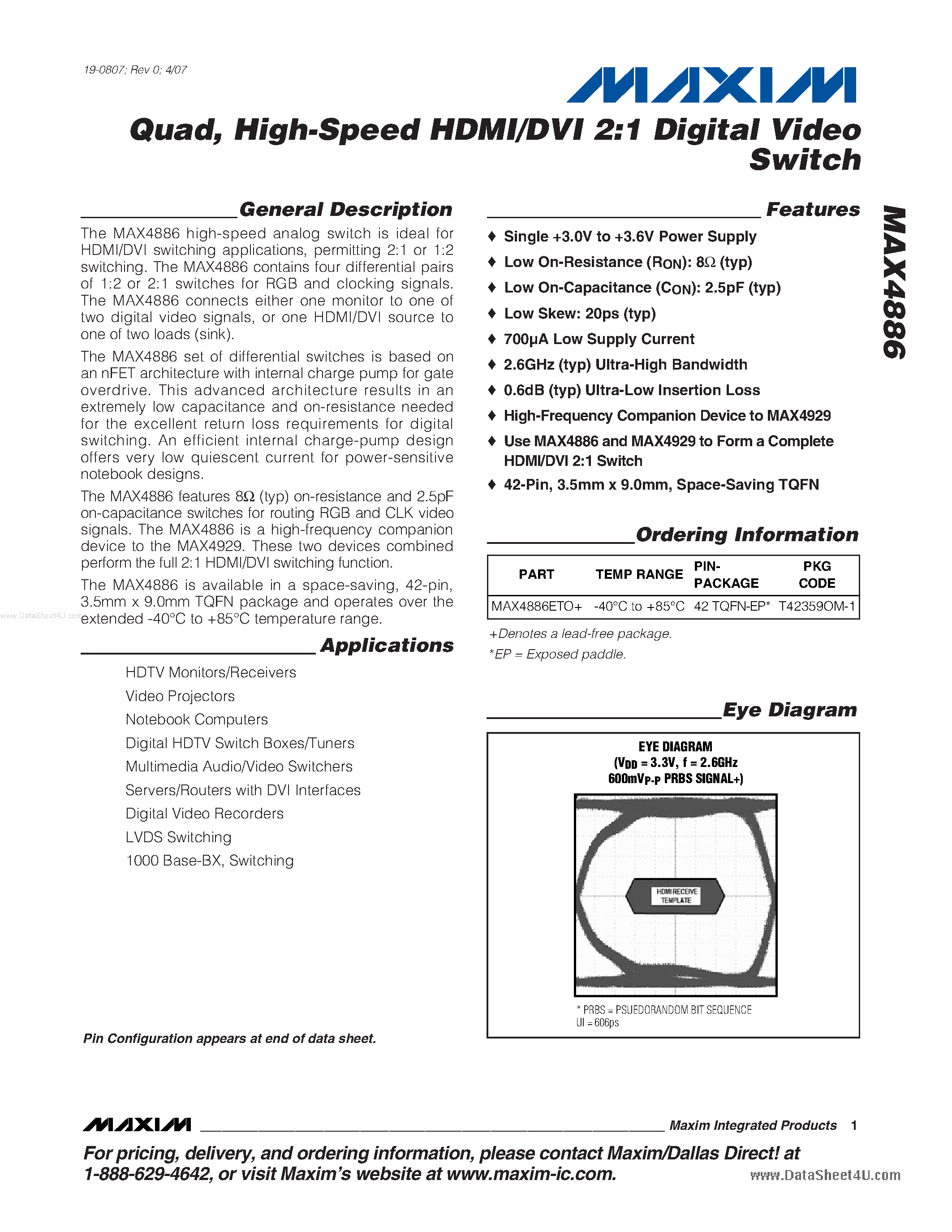 Datasheet MAX4886 page 1 Datasheet MAX4886 - High-Speed Analog Switch Designed page 1