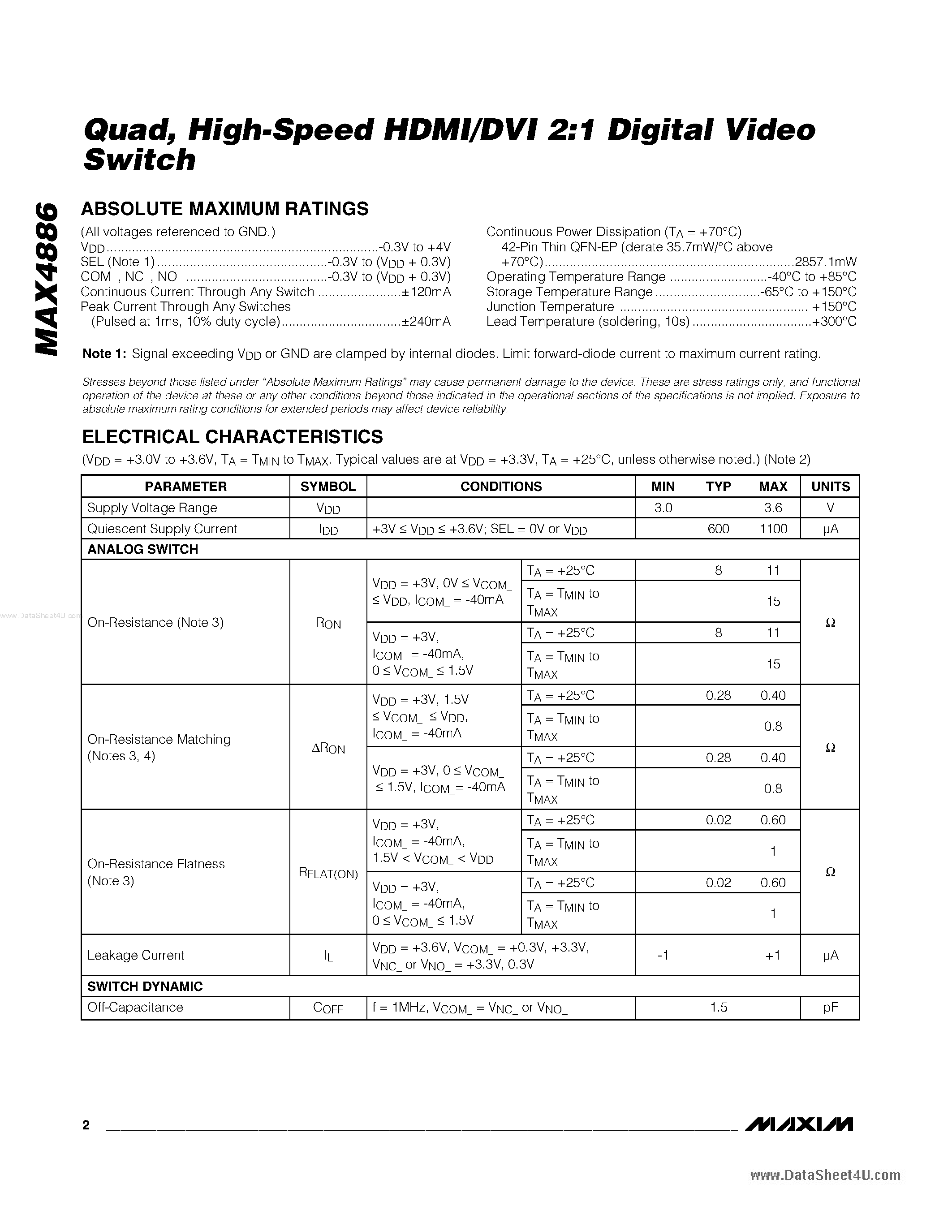 Datasheet MAX4886 page 2 Datasheet MAX4886 - High-Speed Analog Switch Designed page 2